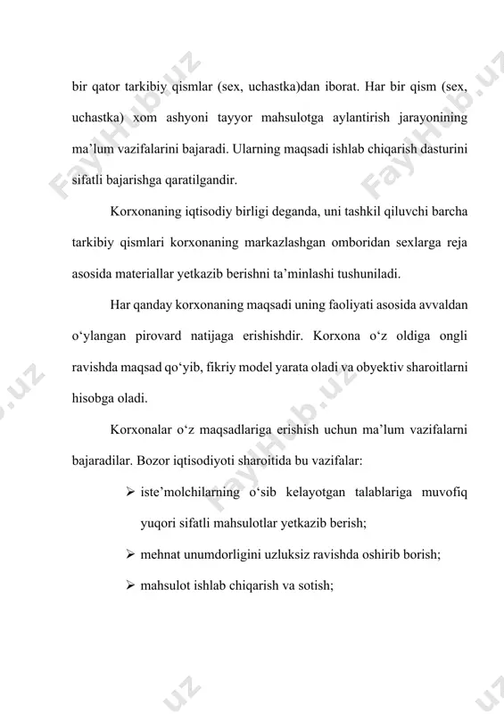 b chiqarish quvvatlarini saqlab qoladi, balki uning rivojlanishiga yangi turtki berish uchun ham imkoniyat tug‘diradi. korxonalarning iqtisodiy mustaqilligi kengayib borgan sari davlat konsernlari tarmoq uyushmalariga aylantiriladi. ularning boshqaruv apparatlari esa, o‘z tarkibidagi birlashmalar va korxonalarning ixtiyoriy ravishda bergan puli hisobidan ta’minlanadi. korxona va tashkilotlar qaysi idoraga bo‘sunishidan va mulkchilik shaklidan qat’iy nazar o‘z iqtisodiy manfaatlarini rag‘batlantirish maqsadida konsernlar, uyushmalar va korporatsiyalar tarkibiga ixtiyoriy ravishda kiradi. ular o‘z faoliyatini pay va kirish badallari, ishtirokchilarning aksiyalar to‘plamini sotib olish asosida yo‘lga qo‘yadi. bozor munosabatlari davrida uyushmalar, konsernlar, korporatsiyalar va boshqa uyushmalarning asosiy vazifasi respublika xalq xo‘jaligini ishlab chiqarilayotgan mahsulotning aniq turlari bilan ta’minlash, yagona ilmiy-texnikaviy va investitsiya siyosatini o‘tkazish, ichki va tashqi bozorlar holatini o‘rganish, tarmoqda bozor munosabatlarini rivojlantirishdir. shuningdek, «konsern, korporatsiya va boshqa uyushmalarning vazifasi, - deb yozadi i.a.karimov, davlat korxonalarini hamda tashkilotlarini nodavlat mulkiga aylantirish ishlarini tashkil etish, tadbirkorlikning rivojlanishini butun choralar bilan qo‘llab-quvvatlashdan iborat». bulardan tashqari xo‘jalik birlashmalari o‘z …