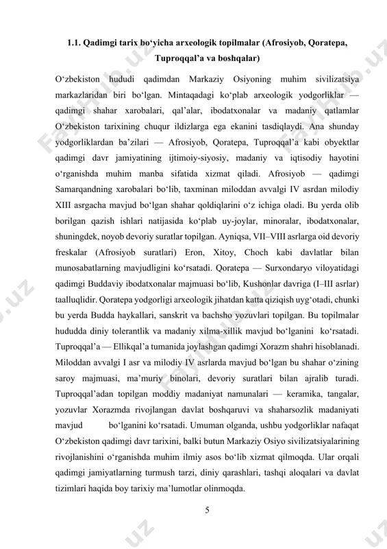 i va arxeologik izlanishlar muntazam va ilmiy asosda olib borila boshlandi. samarqanddagi afrosiyob, surxondaryodagi qoratepa, termiz, toshkent vohasi, zarafshon vodiysi kabi hududlarda tizimli qazish ishlari amalga oshirildi. mustaqillikdan keyingi davrda arxeologik tadqiqotlar yangi bosqichga ko‘tarildi. o‘zbekiston hukumati tomonidan madaniy merosni asrash, o‘rganish va targ‘ib qilish davlat siyosatining ustuvor yo‘nalishlaridan biri sifatida belgilandi. ko‘plab xalqaro ekspeditsiyalar tashkil etildi, xorijiy ilmiy markazlar bilan hamkorliklar yo‘lga qo‘yildi. shu bilan birga, yosh arxeolog-kadrlar tayyorlashga alohida e’tibor qaratila boshlandi. shunday qilib, o‘zbekistonda arxeologik tadqiqotlar bosqichma-bosqich rivojlanib, bugungi kunda nafaqat milliy balki jahon arxeologiya fanining ajralmas qismiga aylanib ulgurgan. afrosiyob, qoratepa va tuproqqal’a yodgorliklarining ilmiy ahamiyati o‘zbekiston hududida joylashgan afrosiyob, qoratepa va tuproqqal’a yodgorliklari nafaqat mahalliy, balki butun markaziy osiyo tarixini o‘rganishda muhim ilmiy asos bo‘lib xizmat qiladi. ushbu yodgorliklar orqali qadimgi shaharsozlik, din, iqtisodiy hayot, san’at va tashqi siyosiy aloqalar to‘g‘risida boy tarixiy ma’lumotlar olinmoqda. afrosiyob — qadimgi samarqandning xarobalari bo‘lib, miloddan avvalgi iv asrdan …