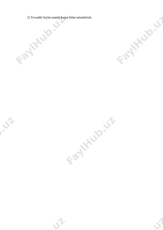 tovush quvvatini (25%) kamaytirish; increase sheed (lg 100%) - ifodasi tezligini ikki barobar oshirish; decrease volume - ifodalash tezligini ikki barobar kamaytirish; add echo (exo) - aks sado effektini qo`shish; revers - tovushli faylni qayta yo`naltirish. (file) bandidagi svoystva (properties) buyrug`idan foydalanish mumkin. bu almashtirishni tovushli faylni yozishdan avval bajarilgani kabi amalga oshiriladi. ixtiyoriy tovushli fayl maxsus bo`lsada, muayyan hujjatni o`z ichiga oladi va uni boshqa, masalan, matnli fayl bilan tutashtirish mumkin. natijada matnli fayl tovushlar bilan to`ldiriladi. bunday tutashtirishni hujjatlarni tovushlar bilan to`ldirish deb talqin qilishimiz tabiiy albatta. agar mos hujjatning piktogrammasida sichqoncha tugmasi ikki marta bosilsa, mos tovushlar ifodalana boshlaydi. tovushli to`ldirmalar bilan ishlash buyrug`lari dastlabki menyda joylashtiriladi. xususan, agar sichqoncha bilan kerakli tovushlarni ifodalash ma'qul bo`lmasa, vosproizvesti (play) buyrug`idan foydalanish mumkin. agar tovushli qism mos ravishda ajratilgan bo`lsa, pravka/obyekt (edit/object) buyrug`idan ham foydalanish mumkin. tovushli faylni muayyan matnli hujjat bilan tutashtirish, aniqrog`i, uning ichiga tovushli faylning nusxasini …