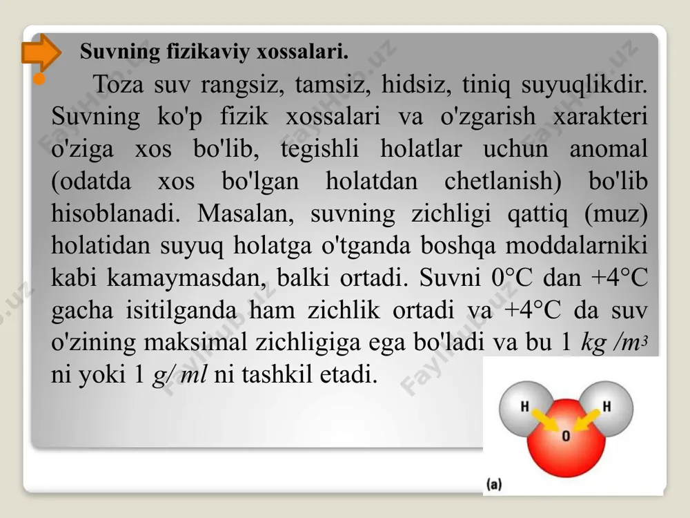 yoki hajmiy miqdoridagi erigan modda miqdori eritmaning konsentratsiyasi deyiladi. eritmalar konsentratsiyasi bir necha usul bilan ifodalanadi. foiz konsentratsiya-100g eritmada necha gvamm erigan modda borligini ko‘rsatadi va foiz bilan ifodalanadi. foiz konsentratsiya (%) ni quyidagi formula bilan ifodalash mumkin. bunda m - eruvchi moddaning massasi m1- eritmaning massasi agar eritmaning massasi uning zichligi (d) va hajmi (v) orqali ifodalansa m1=d·v bo‘lgani uchun ifoda quyidagicha bo’ladi: molyar konsentratsiya bir litr eritmada earigan moddaning grammlar hisobida olingan mollari soni bilan ifodalanadi va m bilan belgilanadi. molyar konsentratsiyani cm, eritmaning hajmini v erituvchi moddaning massasini m1 va uni nisbiy m olekulyar massasini mr bilan belgilasak, ular orasidagi bog‘lanish quyidagi formula yordamida ifodalanadi: m ning oldiga quyiladigan raqamlar eritma konsentratsiyasi necha molyarligini bildiradi. masalan: 2m na2co3 sodaning 2 molyar eritmasi bo‘lib, 1 l shunday eritmada 2 mol ya’ni 106·2 =212 g soda erigan bo‘ladi. normal yoki ekvivalent konsentratsiyasi. erigan moddaning 1 l eritmadagi ekvivalentlar soni …
