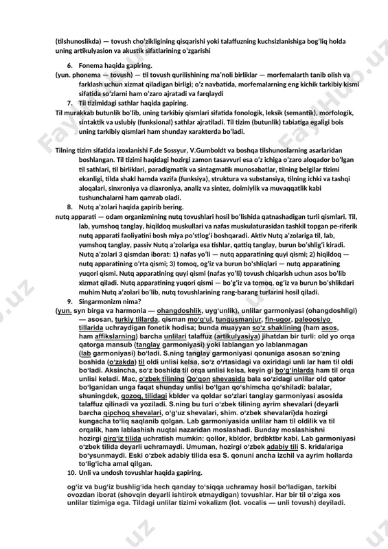 gensiya deyiladi. o’zbek tili tarixida ma’lum bo’lgan til oldi va til orqa, qisqa va cho’ziq fonemalar keyinchalik birlashib, o’rta cho’ziqlikka ega bo’lgan 6 ta unli fonemani hosil qilgan. 2.bir fonemaning ikki mustaqil fonemaga ajralishi divergensiya deyiladi. masalan, qadimgi turkiy tilda bitta a fonemasi keyinchalik ikki fonemaga ajralgan: a va o. fonetik qonuniyatlarga tovushlarning kombinator va pozitsion o’zgarishlari ham kiradi. umuman, fonetik qonuniyatlarni boshqa yondosh hodisalar ta’sirida o’rganish tilshunoslik fani uchun ilmiy qiymatga ega. 4. konversiya haqida gapirib bering. inson o’z ona tilida gapirar ekan konversiyaga duch kelad, konversiya bu so’zlar almashinuvi boshqa tildagi 5. reduksiyaga ta’rif bering. (tilshunoslikda) — tovush choʻzikligining qisqarishi yoki talaffuzning kuchsizlanishiga bogʻliq holda uning artikulyasion va akustik sifatlarining oʻzgarishi 6. fonema haqida gapiring. (yun. phonema — tovush) — til tovush qurilishining maʼnoli birliklar — morfemalarth tanib olish va farklash uchun xizmat qiladigan birligi; oʻz navbatida, morfemalarning eng kichik tarkibiy kismi sifatida soʻzlarni ham oʻzaro ajratadi va …