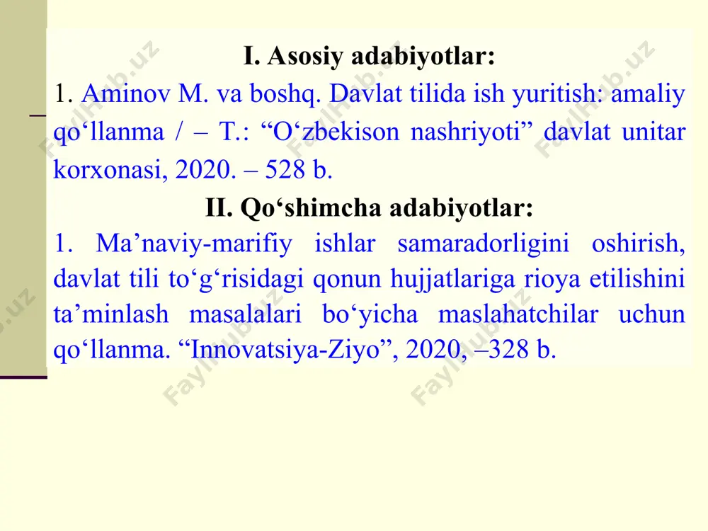 omi; - qog‘ozning chap tomonida ariza yozilgan vaqt (yil, kun va oy); - qog‘ozning o‘ng tomonida ariza yozuvchining imzosi, ismi va ota ismining bosh harflari, familiyasi. arizada quyidagi zaruriy qismlar ifodalanishi lozim: qayerga va kimga ariza yozuvchining turar joyi, lavozimi to‘liq nomi a r i z a ariza matni (mazmuni) ilova sana (yil, kun, oy) imzo i.o. va familiyasi ariza tuzishda ishlatiladigan birikmalar: turli yig‘ilish, kengash va boshqa tur anjumanlarning borishini, majlis qatnashchilarining chiqishlari va ular qabul qilgan qarorlarni aniq, siqiq holda qayd qiluvchi rasmiy hujjat bayonnama deyiladi. bayonnomani yozishni tashkil qilish kotibning asosiy vazifalaridan biridir. bayonnoma oldindan tayinlangan kotiblar tomonidan tuziladi va rasmiylashtiriladi. yig‘ilishda ko‘rib chiqilgan masalalar yuzasidan bildirilgan barcha fikr-mulohazalar, tanqid va takliflar bayonnomada yoritilishi lozim. bu axborotlarning aniqligi, to‘liqligi uchun mas’ul hisoblangan majlis raisi va kotibi bayonnoma oxiriga imzo qo‘yadilar. bayonnoma bayonnoma kirish va uch asosiy qismdan tuziladi. kirish qismida yig‘ilish o‘tkazilgan tashkilot nomi, bayonnoma sanasi, tartib …