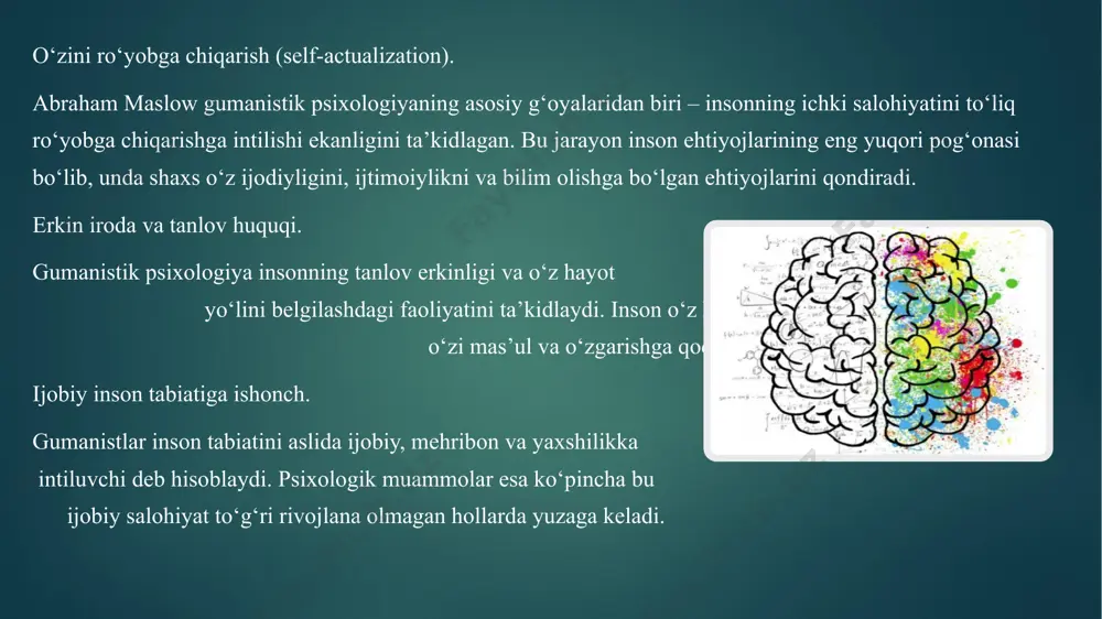 menejment va kadrlar bilan ishlashda ham gumanistik yondashuv tobora muhim ahamiyat kasb etmoqda. ishchilarni faqat mehnat kuchi deb emas, balki ehtiyojlari, maqsadlari, qadr-qimmati bor insonlar sifatida ko‘rish – bu samarali boshqaruvning asosiy shartidir. masalan, maslowning ehtiyojlar ierarxiyasi ishchilarni rag‘batlantirish, rahbar va xodim o‘rtasida ishonchli munosabatlar o‘rnatish, mehnat samaradorligini oshirishda muhim qo‘llaniladi. gumanistik yondashuv asosida faoliyat yuritgan rahbarlar xodimlarning ruhiy salomatligiga e’tibor beradi, ular bilan ochiq muloqotda bo‘ladi va ularni o‘zini ro‘yobga chiqarish yo‘lida qo‘llab-quvvatlaydi. 4. shaxsiy rivojlanish va motivatsiyada hozirgi kunda odamlarning o‘z-o‘zini anglash, o‘z ustida ishlash, hayotdagi maqsadini topish va unga erishish istagi kuchaymoqda. bu jarayonda gumanistik psixologiya tamoyillari asosida faoliyat yurituvchi ko‘pchilik murabbiylar (life coach), motivatsion spikerlar, psixologlar shaxsiy rivojlanishga oid ko‘plab trening va seminarlar o‘tkazmoqda. xulosa gumanistik psixologiya inson shaxsini har tomonlama anglashga qaratilgan chuqur va ijobiy yondashuv sifatida psixologiya fanida alohida o‘rin egallaydi. bu yo‘nalish insonning o‘zini anglash, o‘zini ro‘yobga chiqarish, hayotiy ma’no topish va shaxsiy …