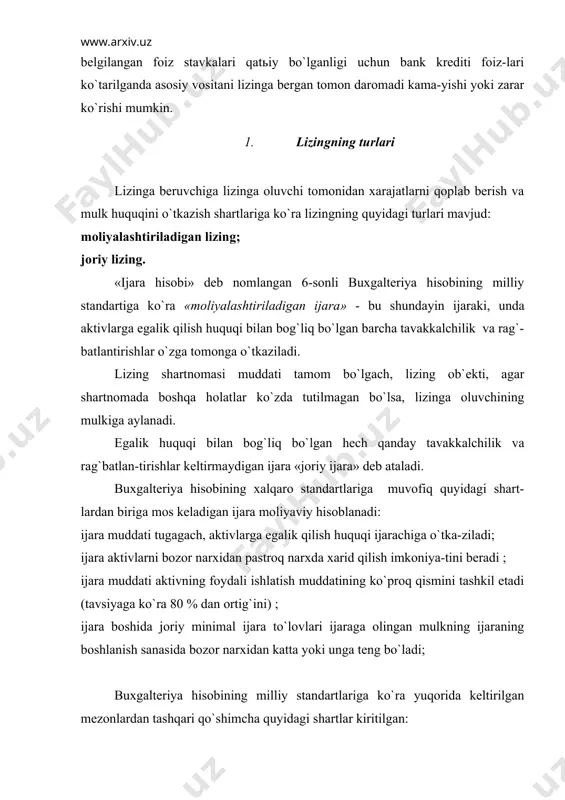 i; · lizinga berilgan asosiy vositani lizinga oluvchiga mulk sifatida o`tkazish yoki uni qaytarib olish muomalalari. хo`jalik muomalalarini hisobi buxgalteriya hisobining milliy standart-lari asosida tashkil qilinishi lozim. 1-misol. kompaniya keyinchalik 5 yil muddatga lizinga berish maqsadida uskuna sotib oldi. uskunaning qiymati 1000000 so`m. yillik to`lov miqdori 300000 ming so`mni tashkil qiladi.shartnoma shartlariga ko`ra to`lov to`liq qoplan-magunga qadar lizinga oluvchi uskunani ijaraga bergan tashkilotga 12 % miqdo-rida foiz to`lovlari to`laydi.asosiy vosita ijaraga butun foydali xizmat mud-datiga beriladi va ijaraning oxirida tugatish qiymati bo`lmaydi deb kutiladi. ijara muddati tugaganda asosiy vositani ijaraga oluvchi ijaraga beruvchidan 50000 so`mga sotib olish huquqiga ega. bu esa ijaraga berilgan asosiy vositaning kafolatlangan qoldiq qiymatidir. ushbu xo`jalik muomalalarini buxgalteriya hisobida to`g`ri aks ettirish uchun quyidagi harakatlarni amalga oshiramiz : 1.lizingga berilgan asosiy vositaning joriy qiymatini aniqlaymiz ijaraga oluvchi 5 yil mobaynida 300000 so`mdan to`lovlarni amalga oshirishi ko`zda tutilganligi uchun, bunday annuitetning joriy qiymati 3,6048 (s-2 jadvali) koeffitsientini …