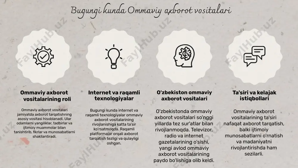 nuvchilarning axborot iste'moli va yaratishida muhim rol o'ynayapti. yana bir muhim jihat - yangi formatlar va innovatsiyalar. ommaviy axborot vositalarining kelajagi esa raqamli texnologiyalar va ijtimoiy tarmoqlar ta'sirida yangi yo'nalishlarga ega bo'ladi. photo by phil goodwin on unsplash e'tiboringiz uchun rahmat! image1.png image2.png image3.png image4.png image5.png image6.png image15.png image7.jpg image8.png image9.png image10.png image11.png image12.png image13.png image14.png image16.png image17.png image34.jpg image21.png image22.png image23.png image24.png image25.png image26.png image27.png image28.png image29.png image32.png image35.jpg image30.png image31.png image33.png