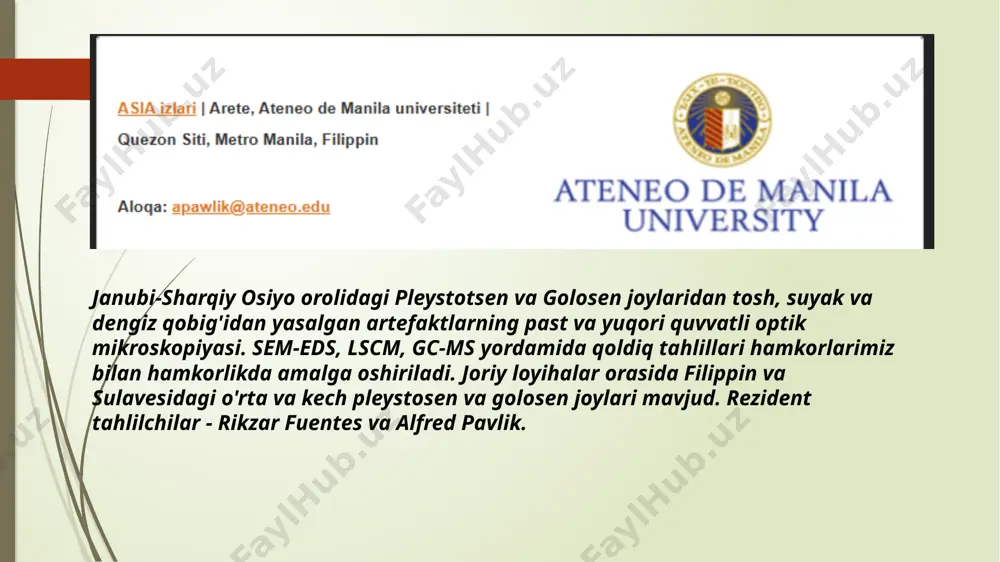 , fotografiya laboratoriyasi (labaaf) tarixdan oldingi davrning butun xronologik davrini qamrab olgan arxeologik tadqiqot faoliyatini amalga oshiradi. arxeologik tabaqalanishning genezisi. tadqiqotning asosiy ob'ekti yaqin atrofdagi po-alp tog'lari (trentino-alto adige, veneto, lombardiya, liguriya), shuningdek, shimoliy va markaziy-janubiy italiya mintaqalari (toskana, latsio, sitsiliya), evropa (ispaniya, portugaliya) va evropadan tashqarida (xitoy, ummon). laboratoriya shahar va qishloq aholi punktlari iqtisodiyotini, ayniqsa, tog‘ landshaftlarida, masofadan zondlash, tadqiqot, stratigrafik qazishma, bioarxeologiya, gis tahlili, atrof-muhit va moddiy madaniyatni ilg‘or o‘rganishni o‘z ichiga olgan multidisipliner yondashuv orqali rekonstruksiya qilish bilan shug‘ullanadi. monrepos-da "inson bo'lish" tadqiqot markazi bizning hozirgi xatti-harakatlarimizning paleolit ​​va mezolit kelib chiqishini o'rganadi. insonning barcha asosiy xulq-atvor xususiyatlari bizning eng qadimgi tariximizda allaqachon rivojlangan; bu yerda jamiyatimizning biologik va ijtimoiy ildizlari yotadi. tarixdan oldingi odamlarda texnologiyalar oziq-ovqat olishda asosiy rol o'ynagan va asosiy kundalik hayot faoliyatida namoyon bo'lgan, ov qilish uchun suyak, yog'och va tosh uchli nayzalar va so'yish uchun toshdan yasalgan asboblar. shu sababli, traceologiya …