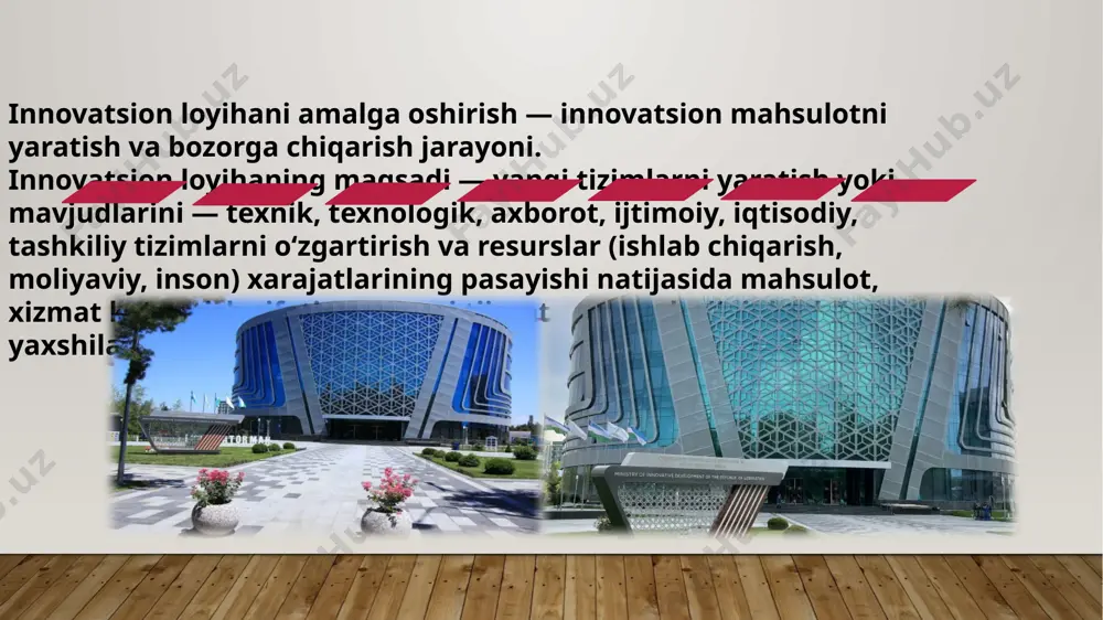 ovatsion loyihalar. innovatsion loyihalar, shuningdek, tugallanganlik darajasiga koʻra yakuniy va oraliq, ijro muddatiga koʻra uzoq muddatli, oʻrta muddatli, qisqa muddatli boʻladi. ishlab chiqarilayotgan mahsulotlar (tovarlar, xizmatlar) nomenklaturasini kengaytirish va yangilash va sifatini yaxshilash, ularni tayyorlash, keyinchalik ichki va xorijiy bozorlarda joriy etish va samarali amalga oshirish texnologiyalarini takomillashtirish uchun ilmiy tadqiqotlar va ishlanmalar natijalarini ishlatish va tijoratlashtirishga qaratilgan, birgalikda innovatsiyalarga olib keladigan ilmiy, texnik, texnologik, tashkiliy, moliyaviy va tijorat tadbirlarini kompleksni nazarda tutuvchi faoliyat. e’tiboringiz uchun raxmat! image2.jpeg image3.jpeg image4.jpeg image5.jpeg image6.jpeg image7.jpeg image8.png image9.png image10.png image11.jpeg image12.png image13.jpeg image14.jpeg image15.jpeg image16.jpeg image17.jpeg image18.jpeg image1.jpeg /docprops/thumbnail.jpeg