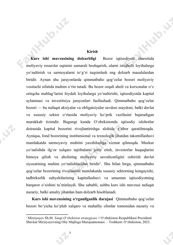 dagi rivojlanish xususiyatlariga bag‘ishlangan. ularning izlanishlari bozor infrastrukturasi, investorlar faoliyati, yuridik asoslar va tartibga solish mexanizmlariga e’tibor qaratgan. shuningdek, o‘zbekiston respublikasi kapital bozorini rivojlantirish agentligi, markaziy bank, iqtisodiyot va moliya vazirligi, toshkent fond birjasi tomonidan muntazam e’lon qilinadigan hisobotlar, statistik ma’lumotlar va qonunchilik hujjatlari mavzuning amaliy jihatlarini o‘rganish uchun muhim manba bo‘lib xizmat qiladi. ayni paytda mavjud tadqiqotlar asosan umumiy nazariy doirada bo‘lib, ba’zi amaliy muammolar chuqur o‘rganilmagan. shu sababli ushbu kurs ishida nazariy asoslar bilan bir qatorda amaliy tahlil ham muhim o‘rin egallaydi. kurs ishi mavzusining nazariy va amaliy ahamiyati qimmatbaho qog‘ozlar bozori zamonaviy bozor iqtisodiyotining ajralmas bo‘g‘ini bo‘lib, uning chuqur nazariy o‘rganilishi iqtisodiyotda moliyaviy vositachilikning mohiyatini anglashda muhim rol o‘ynaydi. ushbu kurs ishi doirasida bozorning nazariy asoslari — qimmatbaho qog‘ozlar turlari, ularning chiqarilish mexanizmlari, investorlar bilan emitentlar o‘rtasidagi munosabatlar, risk va rentabellik o‘rtasidagi bog‘liqlik hamda davlat tartibga solish usullari keng tahlil qilinadi. bu bilimlar talabalar uchun moliyaviy bilim …