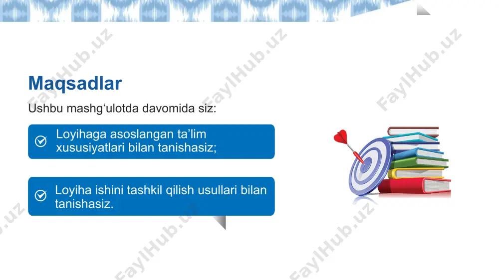 5. natijani taqdim etish taqdimot, poster, videorolik, loyiha daftarchasi yoki hisobot shaklida. taqdimotda quyidagilar bo‘lishi kerak: mavzu, maqsad, usullar, natijalar, xulosalar. 6. baholash jarayon va natija asosida baholanadi. o‘quvchining ishtiroki, mustaqilligi, ijodiy yondashuvi, natijalar sifati hisobga olinadi. o‘zaro baholash va o‘z-o‘zini baholash ham kiritilishi mumkin. 4. ijro bosqichi o‘quvchilar mustaqil yoki jamoaviy ishlaydi. o‘qituvchi yo‘l-yo‘riq ko‘rsatadi, kuzatadi va maslahat beradi. 5. natijani taqdim etish taqdimot, poster, videorolik, loyiha daftarchasi yoki hisobot shaklida. taqdimotda quyidagilar bo‘lishi kerak: mavzu, maqsad, usullar, natijalar, xulosalar. 6. baholash jarayon va natija asosida baholanadi. o‘quvchining ishtiroki, mustaqilligi, ijodiy yondashuvi, natijalar sifati hisobga olinadi. o‘zaro baholash va o‘z-o‘zini baholash ham kiritilishi mumkin. 9 savol: loyiha ishi uchun qaysi mavzuni tanlasam bo‘ladi? savol: loyiha ishi uchun qaysi mavzuni tanlasam bo‘ladi? savol: loyiha ishi uchun qaysi mavzuni tanlasam bo‘ladi? savol: loyiha ishi uchun qaysi mavzuni tanlasam bo‘ladi? savol: loyiha ishi uchun qaysi mavzuni tanlasam bo‘ladi? savol: loyiha ishi uchun …