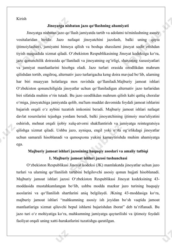 iqi 1. majburiy jamoat ishlari jazosi tushunchasi o‘zbekiston respublikasi jinoyat kodeksi (jk) mamlakatda jinoyatlar uchun jazo turlari va ularning qo‘llanilish tartibini belgilovchi asosiy qonun hujjati hisoblanadi. majburiy jamoat ishlari jazosi o‘zbekiston respublikasi jinoyat kodeksining 43-moddasida mustahkamlangan bo‘lib, ushbu modda mazkur jazo turining huquqiy asoslarini va qo‘llanilish shartlarini aniq belgilaydi. jkning 43-moddasiga ko‘ra, majburiy jamoat ishlari “mahkumning asosiy ish joyidan bo‘sh vaqtida jamoat manfaatlariga xizmat qiluvchi bepul ishlarni bajarishdan iborat” deb ta’riflanadi. bu jazo turi o‘z mohiyatiga ko‘ra, mahkumning jamiyatga qaytarilishi va ijtimoiy foydali faoliyat orqali uning xatti-harakatlarini tuzatishga qaratilgan. majburiy jamoat ishlari jazosi jkning 40-moddasida keltirilgan jazo turlari ro‘yxatida alohida o‘rin tutadi va u jinoyat sodir etgan shaxsga nisbatan qo‘llanilishi mumkin bo‘lgan engilroq jazo turlaridan biridir. ushbu jazo, ayniqsa, og‘ir bo‘lmagan jinoyatlar uchun qo‘llaniladi va mahkumning ozodlikdan mahrum qilinmasdan, jamiyat ichida islohotdan o‘tishiga imkon beradi. jinoyat kodeksining 43-moddasi ushbu jazoning muddati, qo‘llanilish shartlari va uni ijro etish tartibini aniq belgilab …