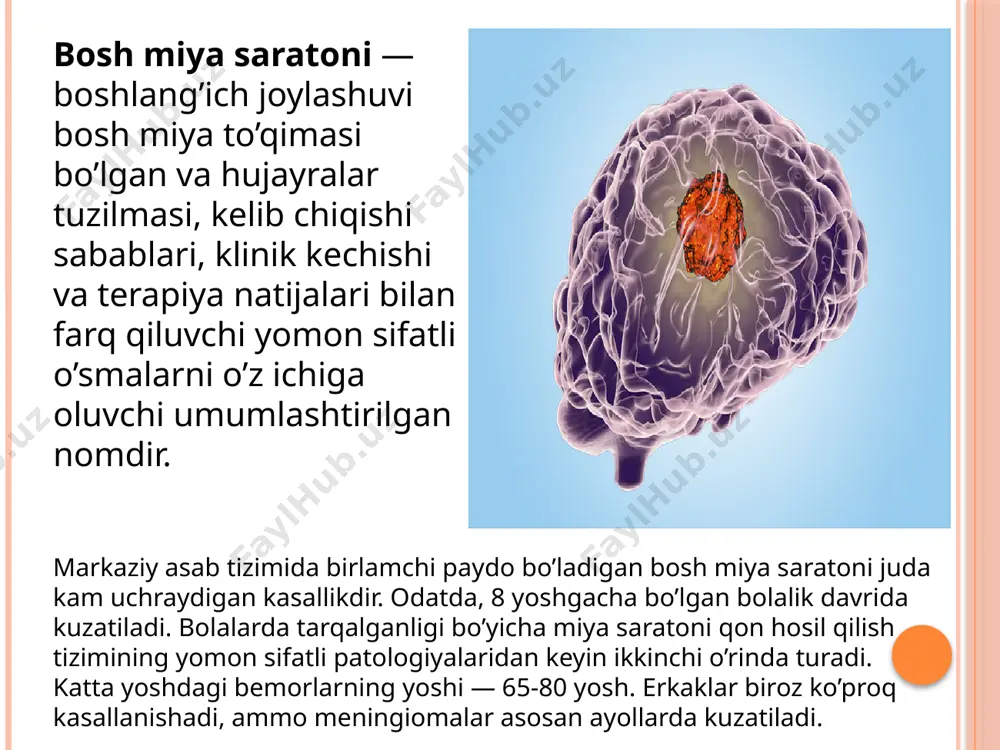 n oldin og’irlik, ko’ngil aynishi, boshda bosim seziladi. vaqt o’tishi bilan og’riq doimiy tus oladi, unga ko’ngil aynishi va qayt qilish hamrohlik qiladi. kasallikning qolgan belgilari patologiya paydo bo’lgan miya qismi bilan bog’liq. odatda turli xildagi ruhiy buzilish belgilari namoyon bo’ladi. ular qariyalar uchun xos hisoblanadi: har xil turdagi ong buzilishlari; e’tiborning kamayishi; idrok qilish, atrofda nima yuz berayotganini tushunish qiyinligi; asta-sekin tempda suhbat qilish, bemorning so’zlarni tanlashi qiyinligi; boshqa ruhiy buzilishlar. kasallik mahalliy alomatlar bilan ham aniqlanadi, bunda harakat funktsiyalarining buzilishi kuzatiladi: tananing chap yoki o’ng tomoni harakatsizligi, konvulsiv xarakterli tortishishlar, eshitish, ko’rish buzilishi. kalla suyagi ichidagi bosim oshsa, alomatlar ham kuchayib boradi, bemorning komaga tushib qolishi tahdidi paydo bo’ladi. bolalarda miya saratoni. patologiya belgilari bolalardagi miya saratoni alomatlari, ayniqsa ularning yoshligida, o’z xususiyatlariga ega: o’smaning yashirin o’sishi davridan so’ng kalla suyagining hajmi kattalashishi, bola miyasining moslasha olish qobiliyati tufayli kasallik alomatlarining tezda progressiyasi xarrakterlidir. ko’pincha qorin bo’shlig’idagi adashgan …