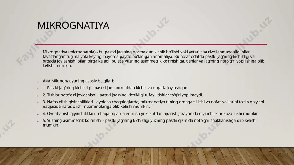 (ct) yoki boshqa diagnostika usullari yordamida baholanadi. - jag'ning aniq pozitsiyasi va kesish chizig'i (osteotomiya liniyasi) rejalashtiriladi. - jarroh og'iz ichidan (intraoral yo'l) kirish orqali pastki jag' suyagiga erishadi. bu yuzda tashqi chandiq izlar qolmasligini ta'minlaydi. - yumshoq to'qimalar (mushaklar va shilliq qavat) ehtiyotkorlik bilan kesiladi va suyakka kirish yo'li ochiladi. - osteotomiya (suyakni kesish): - jarroh pastki jag' suyagini rejalashtirilgan chiziq bo'yicha kesadi. bu odatda sagittal split osteotomiya (sso) deb ataladigan usulda amalga oshiriladi: - pastki jag' suyagi vertikal va gorizontal yo'nalishda kesiladi, shunda suyakning bir qismi qismidan ajratiladi. - kesilgan suyak qismi to'g'ri pozitsiyaga siljitiladi - kesilgan suyak qismi yangi pozitsiyaga joylashtiriladi. - suyakni mahkamlab turish uchun titan plitalar, vintlar yordamida mahkamlanadi makrognatiya prognatiya pastki jag‘ning prognatiyasi — bu ortodontik va skelet anomaliyasi bo‘lib, unda pastki jag‘ haddan tashqari oldinga chiqib ketadi. bu holat skeletli (genetik) yoki funktsional sabablarga ko‘ra yuzaga kelishi mumkin. sabablari 1. irsiy omillar – …