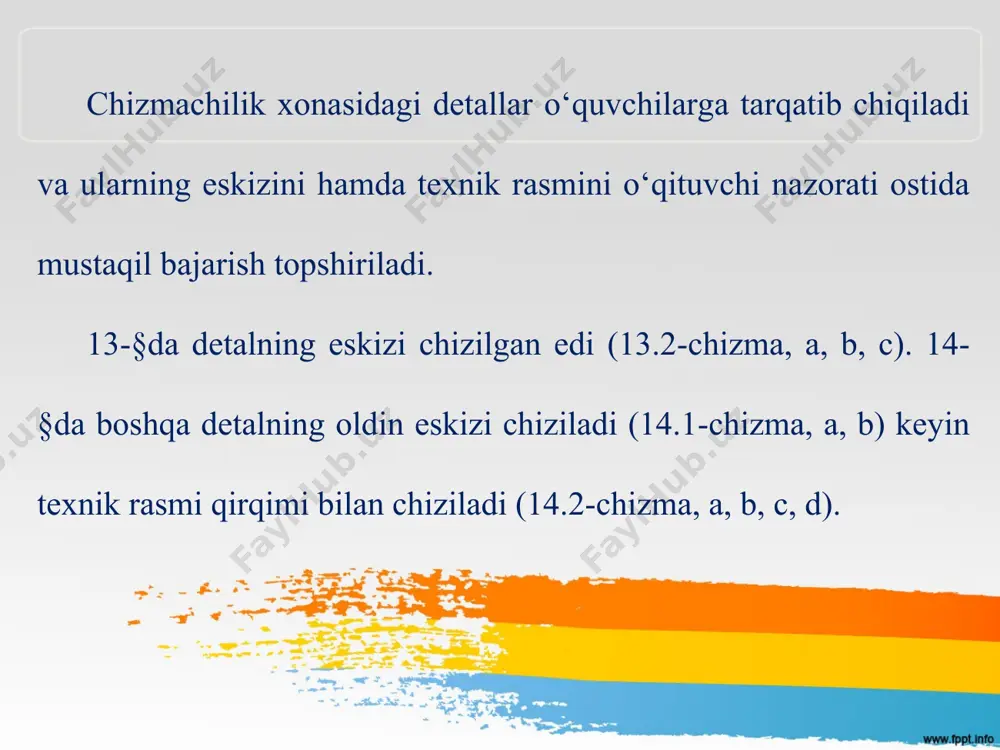 svirlanib, eng uzun joyi bir-biridan to‘lqinsimon ingichka chiziqda ajratib qo‘yiladi va o‘sha joyning butun uzunligi o‘lchami ko‘rsatiladi (16.5-chizma). bunday tasvirlashda chizma masshtabini o‘zgartirishga hojat qolmaydi. qirqimda yupqa devor va kegaylarning tasvirlanishi. detallarda mustahkamlash devorlari (qovurg‘alar), chambaraklarda kegay (spitsa)lar uchraydi. ular qirqimga to‘g‘ri kelib qolishi mumkin. 16.6-chizmada detallarning ikkitadan ko‘rinishi tasvirlangan. frontal qirqimga tushgan yupqa devor (16.6-chizma, a) va kegay (16.6-chizma, b)ning yuzasi shtrixlanmagan. yupqa devor va kegay bo‘ylama qirqimga tushsa, shartli shtrixlanmaydi, ya’ni qirqilmagandek tasvirlanadi. agar ko‘ndalang qirqimga to‘g‘ri kelib qolsa, kesim yuzasi shtrixlanadi (16.6-chizma, a, b). a–a tekislik orqali hosil bo‘layotgan qirqim va chambarak kegayining ko‘ndalang kesimi bunga misol bo‘ladi.