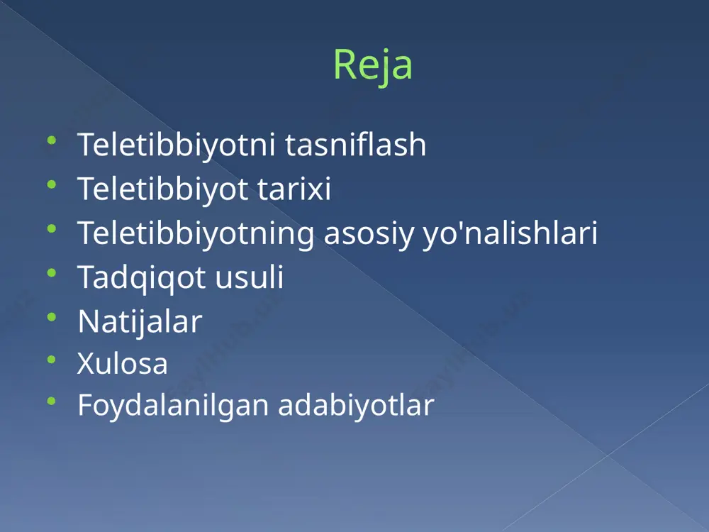 tsiyalarini jonli uzatish mobil teletibbiyot komplekslari masofaviy biomonitoring tizimlari. teletibbiy konsultatsiya. real vaqt rejimida maslahatlashuv tele-o‘rganish. mobil teletibbiyot komplekslari. taqib olib yuriladigan mobil taqib olib yuriladigan komplekslar quyidagilarni o‘z ichiga oladi: portativ kompyuter protsessor akkumlyator keys telemeditsina mobil kompleksi quyidagilarni o'z ichiga oladi: keng polosali sun'iy yo'ldosh aloqasi simsiz ma'lumotlarni uzatish vositalari portativ kompyuter uskunalari videokonferensaloqa vositalari tibbiy asbob-uskunalar va baza (tez yordam mashinasi) dinamik kuzatuv tizimlari biomonitoring - datchiklarni kiyim, aksessuarlar, mobil telefonlarga integratsiya qilish. jarrohlik operatsiyalarini jonli uzatish. tadqiqot usuli ushbu tadqiqotda sogʻliqni saqlashni etkazib berishda teletibbiyotdan foydalanishdan provayder va bemorning qoniqishi tadqiq qilindi. telemeditsinadan foydalanadigan umumiy amaliyot shifokori va ikki hamshiradan intervyu olib, provayderlar haqida tushuncha toʻplandi. hozirda telemeditsinadan sogʻliqni saqlash xodimlari bilan muloqot qilish uchun tez-tez foydalanadigan uch nafar bemordan intervyu olindi. natijalar provayderlar ko'pincha o'z bemorlarining tibbiy natijalarini yaxshilashga va tibbiy xarajatlarni sezilarli darajada qisqartiradigan kasalxonaga yotqizish darajasini kamaytirishga qaratilganligini aniqladim. shu bilan birga, provayderlar …