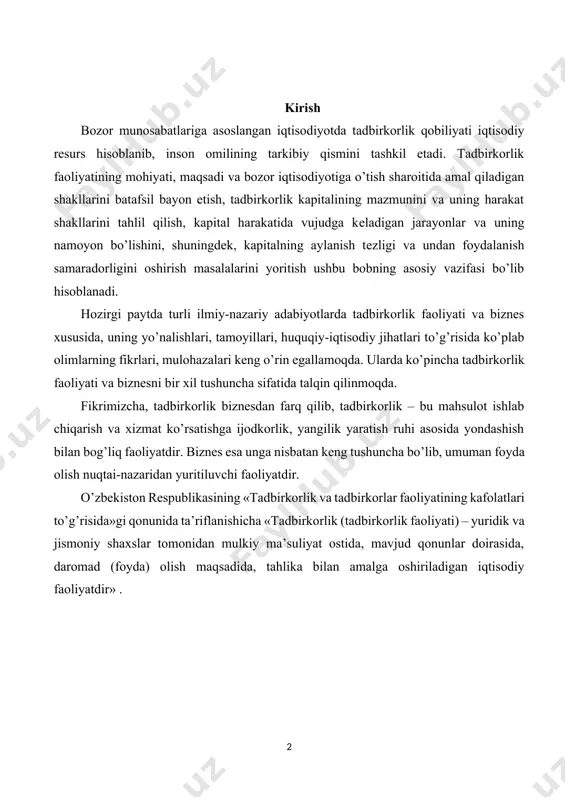 k yaratish ruhi asosida yondashish bilan bog’liq faoliyatdir. biznеs esa unga nisbatan kеng tushuncha bo’lib, umuman foyda olish nuqtai-nazaridan yuritiluvchi faoliyatdir. o’zbеkiston rеspublikasining «tadbirkorlik va tadbirkorlar faoliyatining kafolatlari to’g’risida»gi qonunida ta’riflanishicha «tadbirkorlik (tadbirkorlik faoliyati) – yuridik va jismoniy shaxslar tomonidan mulkiy ma’suliyat ostida, mavjud qonunlar doirasida, daromad (foyda) olish maqsadida, tahlika bilan amalga oshiriladigan iqtisodiy faoliyatdir» . tadbirkorlik faoliyati tushunchasi bugungi kunda tadbirkorlik faoliyati nazariyasining rivojlanishda «uch to’lqin» – ya’ni, mazkur sohani ilmiy jihatdan tadqiq etishdagi alohida bosqichlar shartli ravishda ajratiladi. birinchi bosqich dastlabki bozor munosabatlari shakllanish davri – xviii asrda paydo bo’lib, u tadbirkor tomonidan amalga oshiriladigan tavakkalchilik jarayonlari bilan bog’liq. aynan iqtisodiyot fanida tadbirkorlik faoliyatiga oid dastlabki tadqiqotlar ham shu davrda r.kantilon, a.tyurgo, f.kеne, a.smit va j.b.sey asarlarida amalga oshirilgan. frantsuz iqtisodchisi r.kantilon tadbirkorlikning muhim tavsifiy xususiyatlaridan biri sifatida tavakkalchilikni ajratib ko’rsatadi. uning fikricha, tadbirkor – voqеa va hodisalarni oldindan ko’ra bilish xususiyatiga ega bo’lgan, o’z zimmasiga barcha …