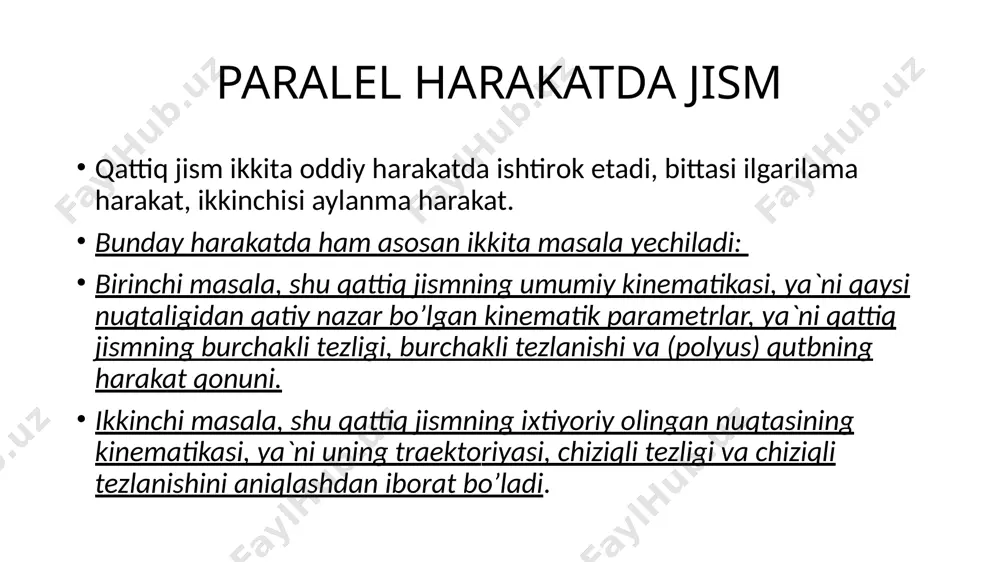ktоrlar yig’indidan ibоrat bo’lib, ulardan birinchisi (qutb) a nuqtaning tezlanish vektоri, ikkinchisi v nuqtaning a qutb atrоfidagi оniy aylanishidan ibоrat bo’ladigan aylanma tezlanish vektоri, uchinchisi v nuqtaning a qutb atrоfidagi оniy aylanishidan ibоrat bo’ladigan nоrmal tezlanish vektоrlaridan ibоrat bo’lar ekan. image1.png image2.png image3.wmf image4.wmf image5.wmf oleobject3.bin oleobject4.bin oleobject5.bin image6.png image7.png image8.png image9.wmf oleobject9.bin image10.wmf oleobject10.bin image11.png image12.wmf oleobject12.bin image13.png x t a = f ( ), 1 y t a = f ( ), 2 j = f t 3 ( ) r r r r r r v v ab v v v b a b a ba = + ´ = + w ёки пр пр ёк и ав ав ( ) ( ) cos cos r r r r v v v v b a b a = × = × b a w w w = = = v bp v cp v dp b v …