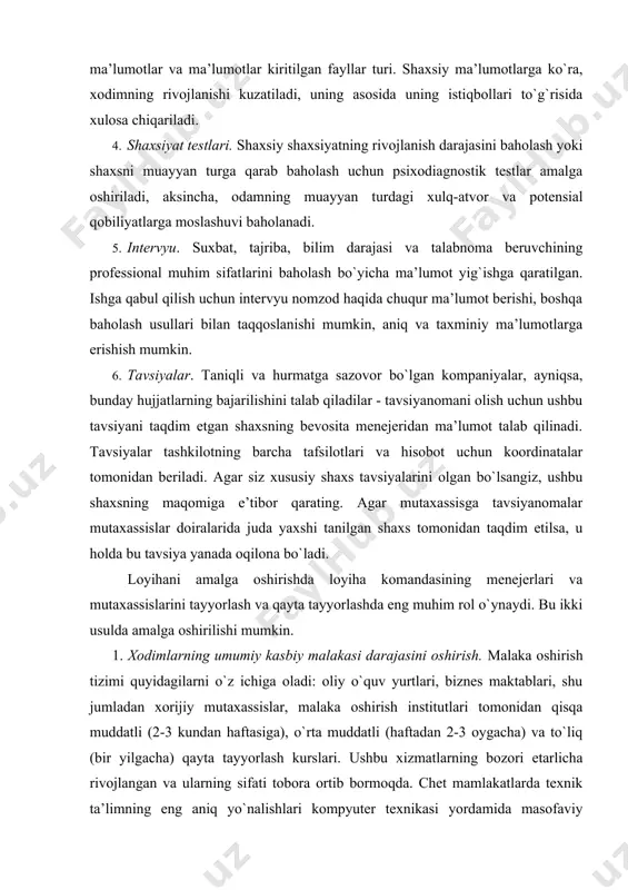 i, malakali o`qitish va o`z-o`zini o`qitish (o`z loyihalarini rivojlantirishga qadar) keng tarqalgan. 2. loyihani amalga oshirishda xodimlarning faolligi, qiziqishi va kasbiyligini ta’minlash. ushbu muammo doirasida kadrlar tayyorlashning quyidagi vazifalari birinchi navbatda menejmentdan kelib chiqadi: loyihani boshqarish jarayonida ularning o`rnini va rolini aniqlash, loyihaning umumiy maqsad va strategiyasi va loyiha guruhidagi vazifalarni tushunish qobiliyati; · uning bo`linmasi va shaxsan o`zi hal etishi kerak bo`lgan asosiy muammo va vazifalarni aniq ifodalash qobiliyati; •loyiha boshqaruvi muammolarini hal qilishning zamonaviy yondashuvlari va usullari bo`yicha bilimlar olish; · ish joyingizda muayyan muammolarni samarali hal etish uchun ushbu yondashuv va uslublarni tanlash va ulardan foydalanish ko`nikmalarini olish; · muammolarni hal qilish jarayonida guruh ishlarini boshqarish texnologiyasini o`zlashtirish; · bo`ysunuvchilari samarali ish usullari va ko`nikmalarini, eng avvalo, o`zlarining faoliyat natijalarini talab etadigan natijalarga erishish motivlarini o`zlashtirish. tavsiya etilgan ta’lim turlari: · universitet (oliy o`quv yurtlari) o`qituvchilari va konsalting firmalari tomonidan loyiha jamoasi mutaxassislari uchun umumiy ta’lim kurslari; …