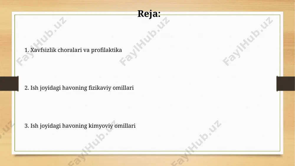 liqqa tahdid soladi. ish joyidagi havo ifloslanishining kimyoviy ko'rsatkichlari sifatida uglerod oksidi (co) miqdori 25 ppm dan oshmasligi kerak, chunki yuqori konsentrasiyalar zaharlanishga olib keladi. havoni nazorat qilish usullari ish joyidagi havo sifati parametrlarini (harorat, namlik, chang miqdori) avtomatlashtirilgan monitoring tizimlari yordamida real vaqt rejimida kuzatish va o'zgarishlarni 15 daqiqada bir marta qayd etish orqali tezda reaksiya ko'rsatish mumkin. havoni nazorat qilishning samarali usullaridan biri sifatida, ish joylarida 5-10 m³ hajmli havo namunalarini muntazam ravishda analiz qilish va zararli moddalar konsentrasiyasini aniqlash orqali doimiy monitoring o'tkazish mumkin. xavfsizlik choralari kimyoviy moddalar bilan ishlashda individual himoya vositalaridan, jumladan, respiratorlardan foydalanish majburiy bo‘lib, ularning to‘g‘ri tanlanishi va 8 soatlik ish vaqti davomida samarali ishlashini ta’minlash lozim. ish joyidagi havo ifloslanishining oldini olish uchun shamollatish tizimlari samaradorligini muntazam ravishda, kamida har 6 oyda bir marta tekshirib, zarur bo‘lganda filtrlarni almashtirish kerak. e'tiboringiz uchun rahmat @taqdimot_robot image7.jpg image8.jpg image9.jpg image10.jpg image11.jpg image12.jpg image13.jpg image3.png …