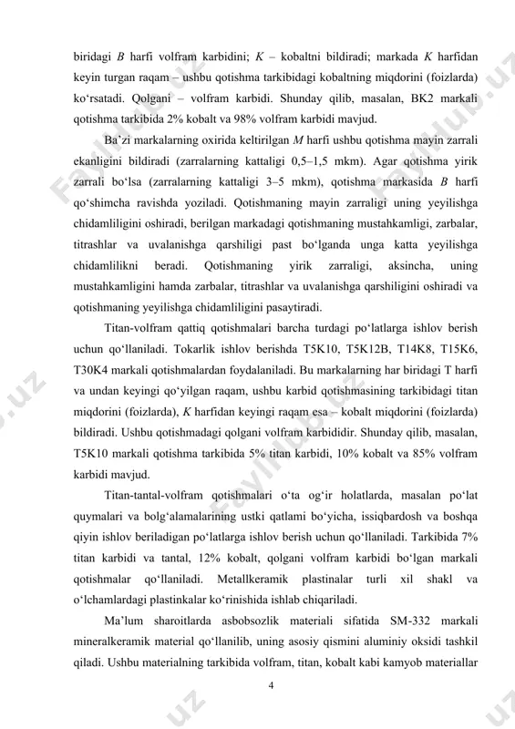 rfidan keyingi raqam esa – kobalt miqdorini (foizlarda) bildiradi. ushbu qotishmadagi qolgani volfram karbididir. shunday qilib, masalan, t5k10 markali qotishma tarkibida 5% titan karbidi, 10% kobalt va 85% volfram karbidi mavjud. titantantalvolfram qotishmalari o‘ta og‘ir holatlarda, masalan po‘lat quymalari va bolg‘alamalarining ustki qatlami bo‘yicha, issiqbardosh va boshqa qiyin ishlov beriladigan po‘latlarga ishlov berish uchun qo‘llaniladi. tarkibida 7% titan karbidi va tantal, 12% kobalt, qolgani volfram karbidi bo‘lgan markali qotishmalar qo‘llaniladi. metallkeramik plastinalar turli xil shakl va o‘lchamlardagi plastinkalar ko‘rinishida ishlab chiqariladi. ma’lum sharoitlarda asbobsozlik materiali sifatida sm332 markali mineralkeramik material qo‘llanilib, uning asosiy qismini aluminiy oksidi tashkil qiladi. ushbu materialning tarkibida volfram, titan, kobalt kabi kamyob materiallar kirmaydi. mineralkeramika bilan jihozlangan keskichlarning issiqlikka chidamliligi juda yuqori va 1200°c va undan yuqoriga yetadi. asosiy tashkil etuvchilari bo‘lib kamyob va qimmatbaho elementlar hisoblanadigan va issiqlikbardoshligi past bo‘lgan qattiq qotishmalarga nisbatan mineralkeramik materiallarning asosiy afzalligi ham shundan iboratdir. egilishga mustahkamligining nisbatan kichikligi va …