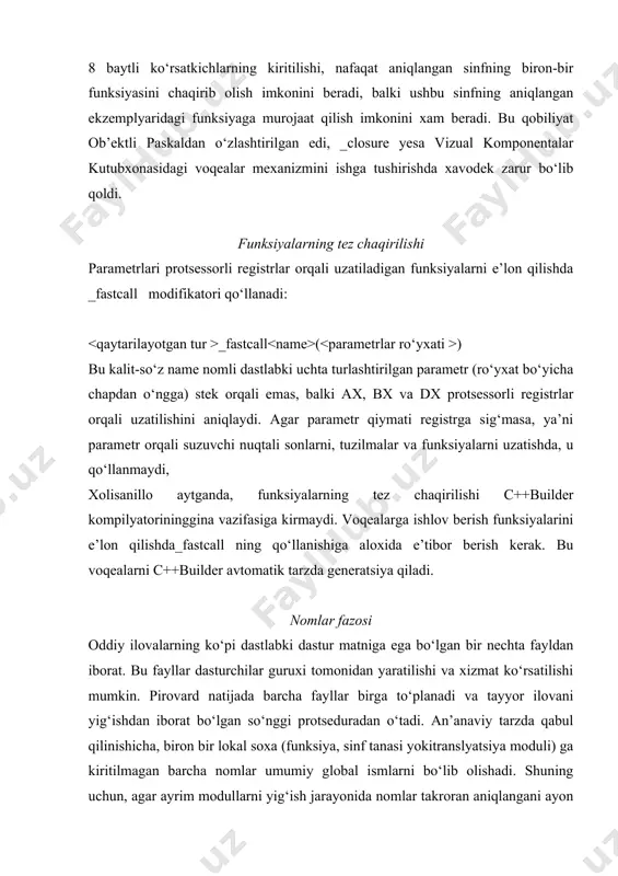 b’ektlariga turlari avtomatik tarzda (yashirish xolda) o‘z sinfi turiga qayta o‘zgaradigan qiymatlarni berish mumkin. konstruktorni e’lon qilishda explicit konstruktoridan foydalanish mumkin: explicit bu xolda berilgan sinf konstruktorlarini explicit kalit-so‘z bilan e’lon qilishda sinfning barcha ob’ektlariga faqat shunday qiymatlarni berish mumkinki, bu qiymatlar turlari o‘z sinfi turiga ochiq-oydin qayta o‘zagaradigan bo‘lishi kerak. class x public: explicit x(int); explicit x(const char*, int =0); }; void f(x arg) ( x a = x (1) ; x b = x("satr",0); a = x(2); } konstruktorlarning ochiq-oydin e’lonlari shuni talab qiladiki, nom berish operatorlaridagi qiymatlar qaysi sinfiy tur ob’ektlariga berilgan bo‘lsa, ular xuddi shu sinfiy turga qayta o‘zgartirilishini talab qiladi. o‘zgaruvchan e’lonlar fon masalasi, uzish ishlatgichi yoki kiritish-chiqarish porti tomonidan o‘zgartirilishi mumkin bo‘lgan o‘zgaruvchini e’lon qilishda volatile modifikatori qo‘llanadi: volatile ; c++da volatile kalit-so‘zning qo‘llanishi sinflar va a’zo-funksiyalarga xam tegishlidir. bu kalit-so‘z ko‘rsatilgan ob’ekt qiymatiga nisbatan taxminlar qilishni kompilyatorga ta’qiqlaydi, chunki bunday qilinsa, ushbu ob’ektni …