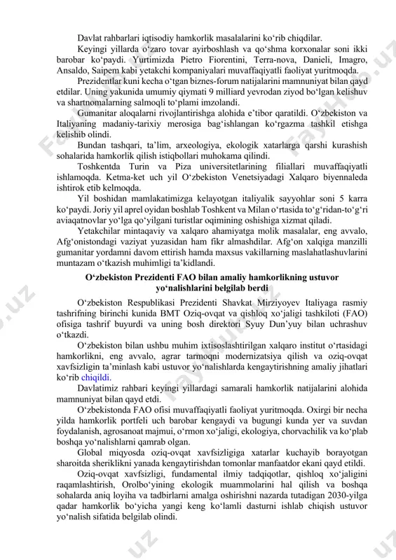 dasturlari hamda ustuvor investitsiya loyihalarini moliyalashtirish uchun qo‘shma platforma yaratish to‘g‘risida kelishuv imzolandi. shundan so‘ng o‘zbekiston respublikasi prezidenti shavkat mirziyoyev va qatar amiri shayx tamim bin hamad ol soniy samarqanddagi kongress markazi bog‘ida birgalikda daraxt ekdilar. bu o‘zbekiston bilan qatar o‘rtasidagi ko‘p qirrali munosabatlarda yangi bosqich boshlangani va yetakchilarning xalqlarimiz do‘stligini mustahkamlash yo‘lidagi qat’iy intilishi ramzidir. xvf yangi o‘zbekistondagi ortga qaytmas islohotlar dasturini qo‘llab-quvvatlashni kengaytiradi o‘zbekiston respublikasi prezidenti shavkat mirziyoyev 6-iyun kuni samarqand shahrida xalqaro valyuta fondi boshqaruvchi direktori kristalina georgiyevani qabul qildi. o‘zbekiston bilan xalqaro valyuta fondi o‘rtasidagi ko‘p qirrali hamkorlikni, jumladan, makroiqtisodiy barqarorlikni ta’minlash, pul-kredit va fiskal siyosatni takomillashtirish borasidagi islohotlar kabi ustuvor yo‘nalishlarda yanada rivojlantirish masalalari muhokama qilindi. keyingi yillarda xvf bilan hamkorlik sezilarli darajada faollashgani mamnuniyat bilan qayd etildi. bu davrda fondning 70 dan ortiq missiyasi o‘zbekistonda bo‘ldi, ekspert-texnik ko‘mak kengayib bormoqda. xvf rahbari kristalina georgiyeva yangi o‘zbekistondagi ortga qaytmas islohotlar dasturini to‘liq qo‘llab-quvvatladi hamda uning …