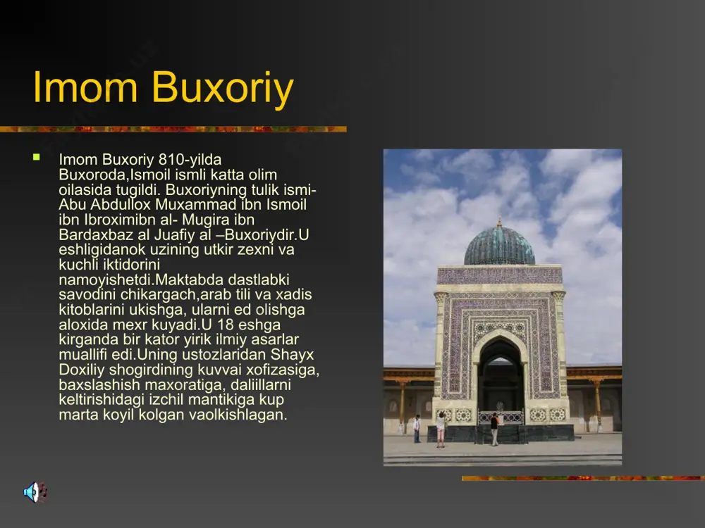 , emon fe’l- atvor, illatlarining insoniyat jamiyati uchun kulfat vaazoblar keltirishi kayta-kayta ta’kidlanadi. imom al-buxoriy (809—870) buxoroda dunyoga kelgan. uning otasi ismoil o'z davrining ilm-ma'rifatli kishi-iaridan bo'lgan. u o'g'lining tug'ilgan kunini yozib ket-gan qog'oz zamondoshlari qo'liga yetgan. imom al-bu­xoriy yoshligida otasi vafot etib, onasi tarbiyasida o'sgan. bolaligidan aql-idrokli, o'tkir zehnli va ma'rifatga havasi kuchli bo'lgan, turli ilm-fanlarni, ayniqsa, payg'ambarimiz hadislarini alohida mehr va ixlos bilan o'rgangan. ko'p olimlardan eshitgan hadislarni, to'plamlarni yodlagan, us-tozi dohiliy bilan qizg'in bahslarda qatnashgan. bugungi kunda imom al-buxoriyning 20 dan ortiq katta va kichik kitoblari orasida «al-jome' as-sahih» alohida o'rinda tura-di. bu shoh asarda axloq va odobga xos hadislar maxsus bir bobda mujassamlangan va ahamiyati jihatidan qur'oni karimdan keying! ikkinchi diniy manba deb e'lon etilgan. «al-adab al-mufrad» («adab durdonalari») kitobida ham axloqiy qadriyatlar o'z ifodasini topgan. imom al-buxoriy hadisga bag'ishlangan asarlarida imom al-buxoriy hadisga bag'ishlangan asarlarida ax-loq-odob haqida fikr bayon etar ekan, odamlarni ota-ona' hurmatini joyiga …
