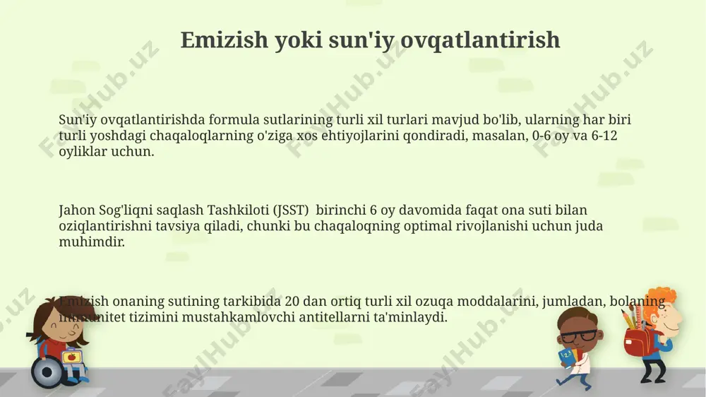 iqaradigan sovunlardan saqlanish tavsiya etiladi. go'daklarning oziqlanishiga oid tavsiyalar: 6 oygacha faqat ona suti bilan oziqlantirish, 6 oydan keyin esa qo'shimcha oziq-ovqatlarni asta-sekin kiritish kerak. go'dakning kunlik 12-15 soat uyquga muhtojligi uning jismoniy va ruhiy rivojlanishi uchun juda muhim, uyqu rejimini saqlash zarur. zarur tibbiy yordam zarur tibbiy yordam ko'rsatishda, chaqaloqning vazni va bo'yi kabi antropometrik ko'rsatkichlarni muntazam ravishda o'lchash muhimdir, bu o'sish va rivojlanishni kuzatishga yordam beradi. go'daklar uchun zarur tibbiy yordamga 1 yoshgacha bo'lgan chaqaloqlarning 90% ga yaqini emlashni talab qiladi, bu ularni jiddiy kasalliklardan himoya qiladi. go'daklar uchun zarur tibbiy yordamga, o'rtacha har 2-3 oyda bir marta profilaktika tekshiruvlarini o'tkazish va sog'liqni saqlash mutaxassisi bilan maslahatlashish kiradi. kasalliklardan himoya qilish chaqaloqlarning immunitet tizimi hali toʻliq shakllanmagan boʻlib, ularni yuqumli kasalliklardan himoya qilish uchun 2 oyligidan boshlab emlash kursi tavsiya etiladi, bu 9 ta asosiy kasallikdan himoya qiladi. toza suv va gigiena qoidalariga rioya qilish, chaqaloqning infektsiyalardan himoyalanishining …