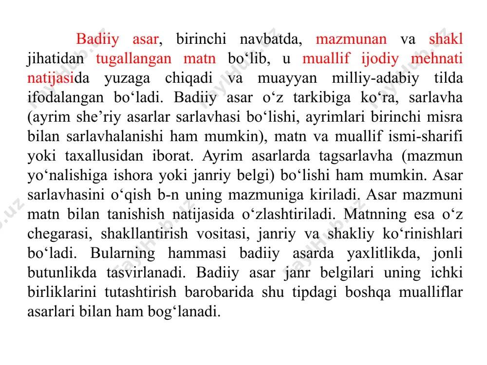 an’analar davomiyligi, asarning ifoda uslubi belgilanadi. ko‘rinadiki, badiiy niyat asar hayot materialining qayta ishlanishidan tortib asar yozilib bo‘lgunga qadar kechgan jarayonlarni o‘z ichiga oladi. muallif niyati – badiiy ijod jarayonidagi ilk bosqich. ijodiy niyat san’atkorning voqelik b-n munosabati, voqelikni o‘zicha (o‘zining estetik ideali, dunyoqarashi, sajiyasi, madaniy-ma’rifiy darajasi, hayotiy va ijodiy tajribasi, tug‘ma iste’dodi kuvvati asosida) qabul qilishi va idrok etishi natijasi o‘laroq yuzaga keladi. badiiy to‘qima – ijodiy tafakkurning o‘ziga xos tarkibiy qismi bo‘lib, asarga olib kiriladigan real faktlar, hayot hodisalalri, arxetip va prototiplarning muayyan badiiy shaklga “joylashtirilishi”dir. bundan tashqari, badiiy to‘qima tarkibiga ijodkor taxayyuli, uning fantaziyasiga ko‘ra asarga jalb qilingan hodisa, obraz va kechinmalar ham kiradi. badiiy to‘qima istilohi rus t.dan kalkalab tarj. etilgan, turk va ozarboyjon tillarida “badiiy uydurma” deb yuritiladi. badiiy umumlashma – tasvir ob’ektining muhim jihati bo‘lib, badiiy asar uchun to‘plangan materiallarning betakror badiiy shaklda taxayyulda birlashtiri-lishi, san’atkorona qayta ishlanib, adresatga etkazish usuli. ilmiy asar-dagi umumlashtirish …