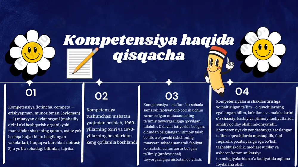 asbiy tayyorgarlik modelini shakllantirishda umumiylikdan xususiy mahorat sari boriladi. umumiy mahorat – bu pedagogik fikr yuritish va faoliyat yurgazish hisoblanadi, fakt va hodisalarni nazariy jihatdan tahlil qilishga undaydi. pedagog uchun zarur bo‘lgan mahoratning bu ikki unsurini birlashtirish asosida konkretlikdan obstraklikka, ya’ni aniqlikdan mavhumlik sari o‘tiladi. ular sezgi, tafakkur va nazariy asoslarda yuz beradi. shaxsiy kompetensiyalarga quyidagilar kiradi - muloqotchanlik; - bag‘rikenglik; - yetakchilik; - faol,tashabbuskor; - moslashuvchan; - sog‘lom turmush tarziga amal qilish; - mas’uliyat; - ishchanlik; - insonparvarlik; - umummadaniy; - ma’lumotli; - madaniyatli; - umuminsoniy qadriyatlarga egalik; - milliy madaniyatga ega bo‘lish; - mamlakatning ijtimoiy hayotida ishtirok etish; - boshqa millatlarning madaniyatini hurmat qilishi. maxsus kompetensiya: - talabalar ehtiyojini bilishi; - turli yosh xususiyatlarini bilishi; - ta’limni tabaqalashtirish; - ta’limni individuallashtirish. kompetensiya - bilim, ko‘nikma, malaka, qadriyat, boshqa shaxsiy sifatlar, ijobiy natijalarni faoliyatda ko‘rinishi. didaktik kompetensiya: - o‘qitish muhitini yaratish; - mavzu mazmunini yoritishni rejalashtirish; - o‘quv jarayonini …