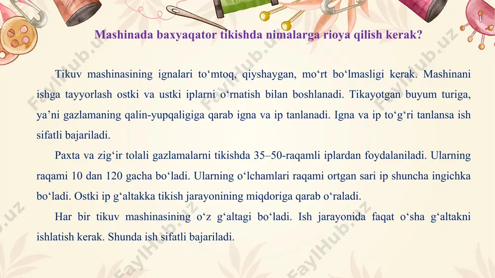 oki qalinligiga qarab belgilanadi. buyumni tikishdan oldin va yakunida baxyaqator mustahkamlanadi. bunda bizga ipni uzun-qisqa qiluvchi mashina moslamasi yordam beradi. tikuv mashinasida ishlashda amal qilinadigan qoidalar mashina chokining turi, gazlamaning qalin-yupqaligiga qarab igna va ip tanlanadi. ustki va ostki iplarning raqami bir xil bo‘lishi kerak. iplarni o‘rnatish qoidalariga qat’iy rioya qiling. baxyaqatorning uzunligini tanlashda gazlamaning rangi, guli, yo‘llariga ahamiyat bering. tikishdan oldin buyumni ignaning chap tomoniga qulay joylashtiring. baxyaqatorni shoshmasdan qo‘l choki bilan belgilangan chiziq bo‘yicha tiking. baxyaqator boshida va yakunida chokni mustahkamlashni unutmang. mashina chokini bajarish uchun kerakli jihozlar: paxta yoki zig‘ir tolali gazlama qiytimi (30x30 cm), 40, 50-tikuvchilik ipi, moki g‘altagi, qaychi, tikuvchilik bo‘ri, tikuv mashinasi. diqqat qiling! mashina chokini tikishda gazlamaning bo‘ylama ipi bo‘yicha baxyaqator yuriting. gazlamaning o‘ngi va teskarisiga ahamiyat bering. t/r chоkning nоmlаnishi vа ishning bаjаrilish tаrtibi grаfik ko‘rinishi 1 1. biriktirmа chоk – buyumning yon, yеlkа vа bоshqа qirqimlаrini birlаshtirishdа ishlаtilаdi. ikki dеtаl o‘ngini …
