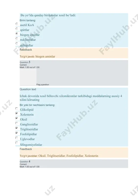 alola" mexanizmida ishtirok etuvchi fermentlari biri. birini tanlang: galaktokinaza proteinkinaza fruktoza-:1-:fosfataldolaza geksoza-:1-:fosfaturidiltransferaza glikogensintetaza feedback toʻgʻri javob: proteinkinaza question 6 correct mark 1.00 out of 1.00 flag question question text piruvatdegidrogenaza kompleksiga murakkab birikkan 3 kofermentni kursating: bir yoki bir nechtasini tanlang: sitoxrom lipoamid ubixinon fad tpf katalaza feedback toʻgʻri javoblar: tpf, lipoamid, fad question 7 correct mark 1.00 out of 1.00 flag question question text oqsilning biologic qiymati qanday aniqlanadi bir yoki bir nechtasini tanlang: oqsil zaryadi bilan oqsilning molekulyar massasi bilan aminikislotalar tarkibi hazm qilish sistemasida hazm bolishi bilan oqsilning molekulasini legantga borligi bilan almashinmaydigan aminokislotalar borligi bilan feedback toʻgʻri javoblar: aminikislotalar tarkibi, hazm qilish sistemasida hazm bolishi bilan, almashinmaydigan aminokislotalar borligi bilan question 8 correct mark 1.00 out of 1.00 flag question question text jigarda atf va adf sintezi asosan qaysi yol bilan boradi birini tanlang: stf reaksiyalari bilan oksidalanish fosfolirlanish ffh bilan tasirlanish gtf reaksiyalari bilan substrat …