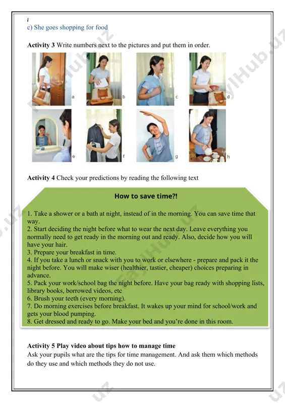 for example, if you’re practicing parts of speech, change the topics to verb, noun, adjective, etc. you can also choose whether to be very strict on spelling or not depending on the class level. homework make your own calendar. 1. fill in work hours. 2. fill in family responsibility times. 3. fill in class meeting times. 4. designate remaining spaces as “free time”. 5. fill in “free time” slots with specific tasks. head of teaching process_____________________ signature _____ handout 1 o’zingiz tanlagan mavzuda dars ishlanmaga buyurtma berishingiz mumkin. biz bilan bog’lanish +998911800985 qo’ng’iroq qiling, +998911800985 telegram raqami, @hasanboy_uz telegram adresi yoki xasan_92@mail.ru elektron pochtasiga habar yuboring narxi 10 ming so’m to’lov payme yoki click orqali image3.emf image4.emf image5.jpeg image1.jpeg image2.jpeg i angren shahar xalq ta’limi bo’limiga qarashli angren shahar 6 - sonli umumiy o’rta ta’lim maktabi ingliz tili fani o’qituvchisi ________________________________________________ 10 sinflar uchun unit 4. lesson 2 b priority …