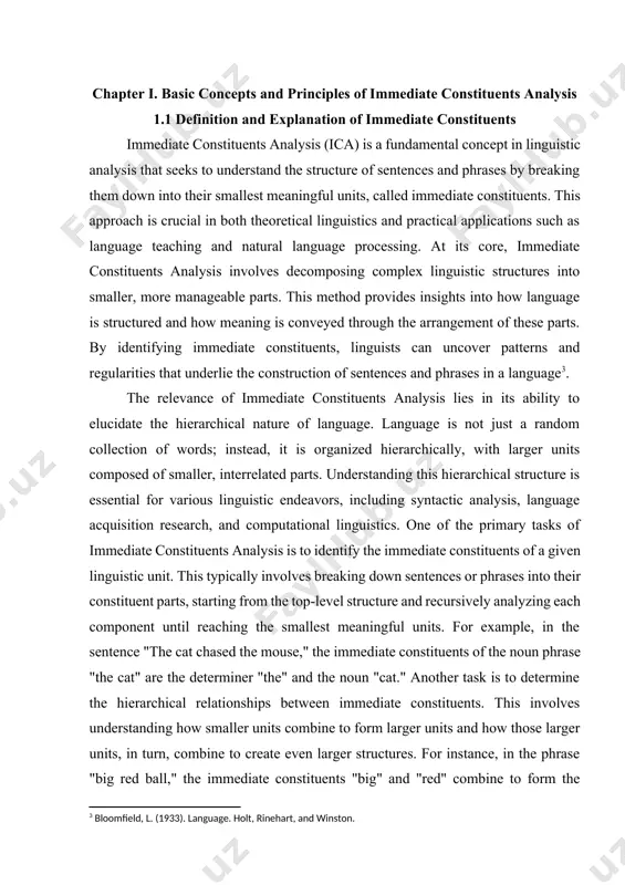 (ica) is a fundamental concept in linguistic analysis that seeks to understand the structure of sentences and phrases by breaking them down into their smallest meaningful units, called immediate constituents. this approach is crucial in both theoretical linguistics and practical applications such as language teaching and natural language processing. at its core, immediate constituents analysis involves decomposing complex linguistic structures into smaller, more manageable parts. this method provides insights into how language is structured and how meaning is conveyed through the arrangement of these parts. by identifying immediate constituents, linguists can uncover patterns and regularities that underlie the construction of sentences and phrases in a language[footnoteref:3]. [3: bloomfield, l. (1933). language. holt, rinehart, and winston.] the relevance of immediate constituents analysis lies in its ability to elucidate the hierarchical nature of language. language is not just a random collection of words; instead, it is organized hierarchically, with larger units composed …