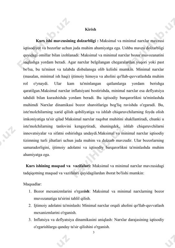 ining tavsifi. kirish, 4 ta reja, xulosa va takliflar, foydalanilgan adabiyotlar ro‘yxatidan iborat. 1.bozor muvozanati va muvozanat narx bozor muvozanati — bozordagi talab va taklifning miqdoran va tarkib jihatidan bir-biriga muvofiq kelishi. bozor muvozanati bir lahzalik (oʻzgarmas taklifda), qisqa muddatli (tashkilot yoki firmalarning oʻzgarmas miqdori va ishlab chiqarish hajmining oʻzgarishi) va uzoq muddatli (iqtisodiy shartsharoit tashkilot, firmalar va mavjud talabning zamonaviy darajasiga muvofiq kelganda) boʻlishi mumkin. talab va taklif uzoq vaqt bir-biridan ajralib qolsa, bozor muvozanati buziladi. umuman olganda bozor muvozanati hamma tovarlarga nisbatan va uzok, vaqt boʻlishi mumkin. ammo juzʼiy va ayrim tovarlarga nisbatan moslikning buzilishi muqarrar. chunki ehtiyojning yuksalishi bilan yangi talab paydo boʻladi va u darhol qondirilmaydi. bozor muvozanati ni taʼminlashning asosiy yoʻllari: tovar ishlab chiqarishni talab darajasiga yetkazish orqali bozorni toʻydirish; yetarli tovarlar zaxirasini barpo etish; talabgir tovarlar narxini oshirish, oʻtmay turgan tovarlar narxini pasaytirish; eksport va importning ortishi yoki kamayishi; aholi daromadlarining tovarlar va xizmatlar …