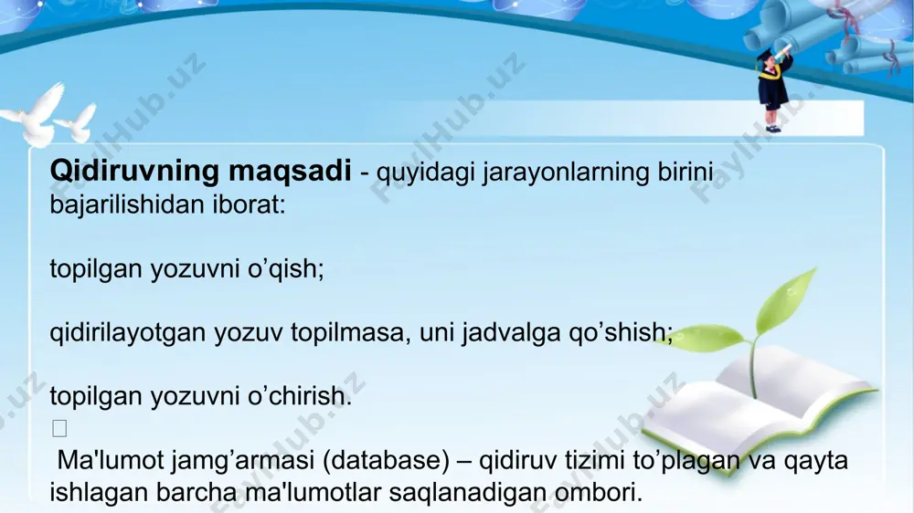 qabul qilib, qidiruvni bajaradi va natijani chiqaradi. misolda berilgan ro'yxatda 7 qiymati bor va u 4-indegda joylashgan, shuning uchun chiqishda "7 qiymati ro'yxatda 4 indeksta joylashgan." degan chiqishni ko'rsatadi. o’tish yoki o’tqazishlar orqali qidiruv (jump search) izoh: algoritmdan faqatgina maʼlumotlar jadvali tartiblangan boʼlsagina foydalanish mumkin. algoritm g’oyasi: belgilangan bosqichlarda sakrash, ya'ni elementlarning ba'zi bloklarini o'tkazib yuborish orqali (chiziqli qidiruvdan ko'ra) kamroq elementlarni tekshirishdir. bloklarni o’tqazish uchun qadami ildiz osti n-ga teng. n – ma’lumotlarning umumiy soni. binar yoki oraliqni teng ikkiga bo’lish orqali qidiruv (binary search) izoh: algoritmdan faqatgina maʼlumotlar jadvali tartiblangan boʼlsagina foydalanish mumkin. algoritm g’oyasi: berilgan massiv oʼrta elementi tanlanadi, va qidirilayotgan kalit bilan taqqoslanadi. аgar tanlangan element qiymati qidirilayotgan kalit qiymatiga teng boʼlsa, u holda qidiruv yakunlanadi; agar tanlangan elementi qiymati qidirilayotgan kalit qiymatidan kichik boʼlsa, u holda chap tomonda elementlar kelgusi qidiruvdan chiqarib yuboriladi va algoritm qayta ishga tushadi. xuddi shuningdek, agar tanlangan elementi qiymati qidirilayotgan …