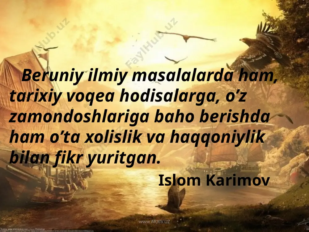 i uzunligining asriy o’zgarishlarini belgilashda, quyosh apogeyasi (avji) uzoqligini aniqlashda qadimgi va o’ziga zamondosh bo’lgan astronomlarga qaraganda ancha aniq natijalarga erishgan. www.arxiv.uz beruniy 1029 ta yulduzning hoordinatalari va yulduz kattaliklari qayd etilgan jadvalini tuzgan. www.arxiv.uz fanga qo’shgan hissasi beruniy dorishunoslik, meteorologiya, fizika kabi fanlarga ham hissa qo’shgan. masalan, buloq va quduq suvlarining yuqoriga ko’tarilishi va favvora bo’lib otilib chiquvchi buloqlar gidrostatikasini tushuntirishda beruniy o’z zamonasidan ancha ilgari ketib, bu boradagi uydirmalarni inkor etadi. www.arxiv.uz www.arxiv.uz biologiya sohasida qo’shgan hissasi olim biologiya sohasida tabiiy tanlanish haqida qimmatli fikrlar aytgan. u tabiiy tanlanish bo’yicha avval insonning ongli faoliyatini tasvirlab beradi, keyin “tabiat ham shunday qiladi, lekin u farqiga bormaydi, chunki uning harakati ongsizdir”, degan xulosaga keladi. matematiga qo’shgan xissasi beruniy o’z zamonasining ulkan matematiklaridan biri bo’lgan. uning matematika faniga qo’shgan hissasi muhim ahmiyatga ega. beruniy asarlarida geometriya, arifmetika, algebra, sonlar azariyasi va trigonometriya tushunchalari ma’lum tartib bilan ta’riflagan. olim arifmetika va algebrasining …