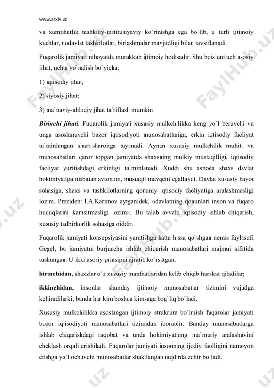 mulkni yangi jamiyatning, ya`ni fuqarolik jamiyatining birdan-bir asosi deb bilganlar. tarix saboqlaridan ma`lumki, xususiy mulk nafaqat jamiyatni turli qatlamlarga ajratgan, balki ishlab chiqarishni rivojlantirishga qaratilgan tashabbusni rag`batlantirgan, hokimiyatga nisbatan mustaqil (avtonom) tuzilmalarni vujudga keltirgan. о`zbekistonda ham xususiy mulkchilikka asoslangan iqtisodiy munosabatlar tizimi qaror topmoqda, tadbirkorlikka, kichik va о`rta biznesga keng yо`l ochilib, tegishli tashkiliy va huquqiy mezanizmlari vujudga keltirilmoqda. о`zbekiston respublikasi konstitusiyasi fuqarolik jamiyatining qaror topishishini xususiy mulkning qat`iy mavqega ega bо`lishi bilan bog`laydi. shu asosda hozirgi paytda jamiyatda keng qо`lamda xususiylashtirish (aksiyalashtirish) jarayonlari amalga oshirilmoqda. xо`sh, nima sababdan isloqotchi-davlat о`zbekistonda demokratik fuqarolar jamiyatini jadal shakllantirib borishdan manfaatdor? birinchidan, shu asnoda mamlakatning ijtimoiy yо`naltirilgan bozor iqtisodiyoti sari olg`a siljish yо`llari va usullari xususida fuqarolar kelishuviga erishish tо`g`risida norasmiy ijtimoiy shartnoma tuzish va uni rо`yobga chiqarishda islohotchi-davlat uchun sherik vujudga keltiriladi. ikkinchidan, fuqarolik jamiyati о`z institutlari orqali shaxsning davlat ishlarini boshqarishda ishtirok etishini ta`minlagan holda, davlatda vakillik demokratiyasining va mamlakatdagi ijtimoiy-siyosiy …