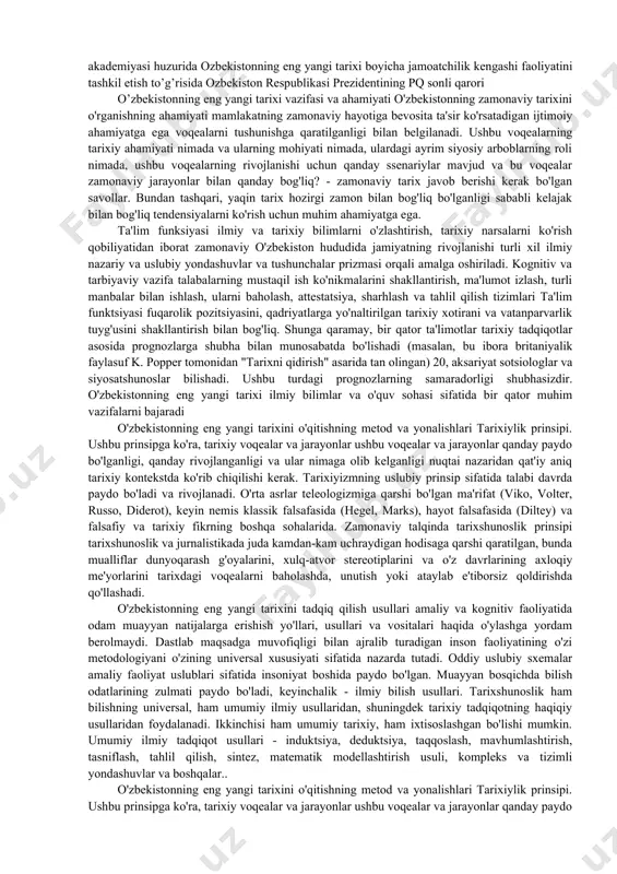 ususiy mulk, oila, davlat tuzumi, huquq, madaniyat, talim, qonunlar. ozbekistonning eng yangi tarixini rivojlantirish haqida farmon va qarorlar ozbekiston respublikasi vazirlar mahkamasining ozbekistonning yangi tarixini tayyorlash va nashr etish togrisida gi dadi 445-sonli qaroriozbekiston respublikasi vazirlar mahkamasining ozbekistonning yangi tarixini tayyorlash va nashr etish togrisida gi dadi 445-sonli qarori ozbekiston respublikasi prezidentining 2017 yil 17 fevraldagi «fanlar akademiyasi faoliyati, ilmiy-tadqiqot ishlarini tashkil etish, boshqarish va moliyalashtirishni yanada takomillashtirish chora-tadbirlari togrisida»gi pq-2789-sonli qarori yilda ozbekiston respublikasi fanlar akademiyasi huzurida ozbekistonning eng yangi tarixi boyicha jamoatchilik kengashi faoliyatini tashkil etish to’g’risida ozbekiston respublikasi prezidentining pq sonli qarori o’zbekistonning eng yangi tarixi vazifasi va ahamiyati o'zbekistonning zamonaviy tarixini o'rganishning ahamiyati mamlakatning zamonaviy hayotiga bevosita ta'sir ko'rsatadigan ijtimoiy ahamiyatga ega voqealarni tushunishga qaratilganligi bilan belgilanadi. ushbu voqealarning tarixiy ahamiyati nimada va ularning mohiyati nimada, ulardagi ayrim siyosiy arboblarning roli nimada, ushbu voqealarning rivojlanishi uchun qanday ssenariylar mavjud va bu voqealar zamonaviy jarayonlar bilan qanday …