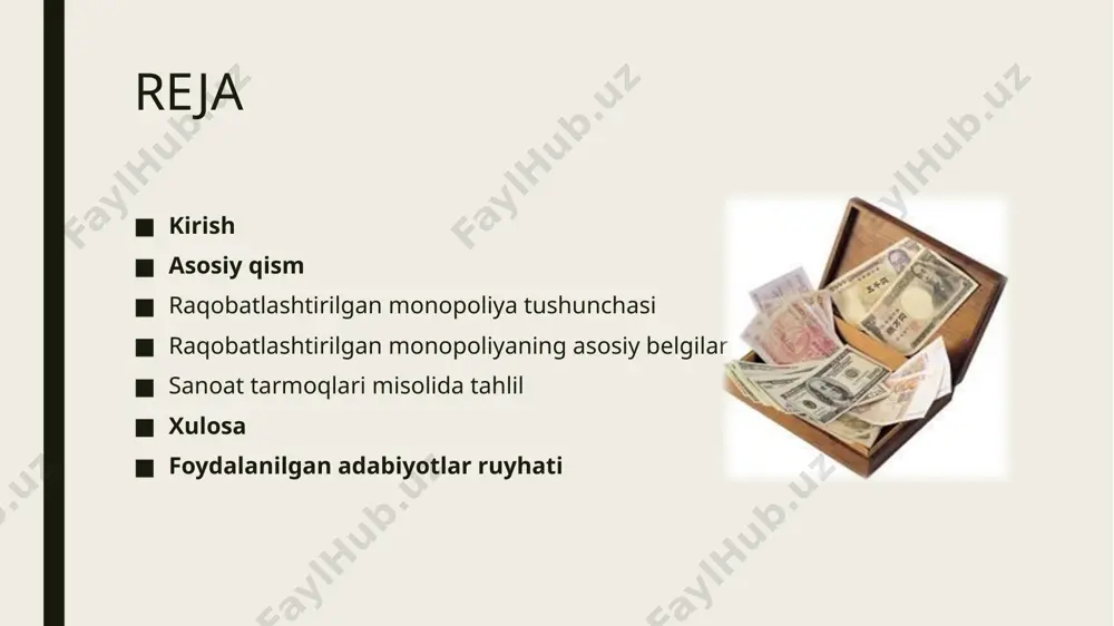 narx belgilash imkoniyati buladi monopoliya monopoliya nima degani ozi va u qanday ishlaydi. monopoliya raqobat- ning yoqligi bildiradi, monopo-liya bu bozordagi maxsulotlarning yakka hukmronlig tarafidan ishlab chiqari- lishi va sotilishi bunday tizimda monopol shaxs tovariiga xoxlagan narxini qoya oladi chunki raqobatchisi yoq istemolchilarga esa bu tovar kerak bolib turgan boladi bundan korinib turibdiki monopoliya iqtisodni orqga tortuvchi tizimdir. monopoliya bolgan joyda rivijlanish bolmaydi yangilanish bolmaydi bugungi kunning standartiga javob bera oladigan maxsulot ishlab chiqarilmaydi 7 monopoliyaga qarshi komplaens tizimi joriy etilishi 2023-yil davomida 100 ta, jami 196 ta tashkilotda monopoliyaga qarshi komplaens tizimi to‘liq joriy etilgan. shundan: 68 ta tabiiy monopoliya sub’ektlari. 59 ta tovar yoki moliya bozorida ustun mavqega ega xo‘jalik yurituvchi sub’ektlar. 35 ta mahalliy ijro etuvchi hokimiyat organlari. 15 ta davlat boshqaruvi organlari. 19 ta davlat ishtirokidagi korxonalar. raqobat muhitining rivojlanishi va monopoliyaga qarshi chora-tadbirlar (2023) 572 ta holatda davlat organlarining raqobatga zid harakatlari va qarorlari aniqlangan. …