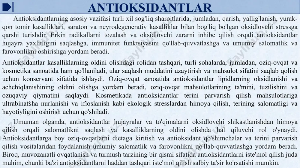 sitoluen (bht) va butillangan gidroksianizol (bha) kabi sintetik antioksidantlar oziq-ovqat mahsulotlarini saqlashda foydalanish uchun ishlab chiqilgan. ushbu birikmalar lipid oksidlanishini inhibe qilishi va qayta ishlangan oziq-ovqat mahsulotlarini saqlash muddatini uzaytirishi aniqlandi. antioksidantlarning manbalari antioksidantlar turli xil oziq-ovqatlarda, xususan, mevalar, sabzavotlar, yong'oqlar, urug'lar va to'liq donlarda juda ko'p. quyida antioksidantlarning umumiy manbalari keltirilgan: 1. mevalar: - rezavorlar: ko'k, qulupnay, malina va böğürtlen ayniqsa flavonoidlar, antosiyaninlar va s vitamini kabi antioksidantlarga boy. - tsitrus mevalari: apelsin, limon, greyfurt va ohak tarkibida kuchli antioksidant bo'lgan s vitamini ko'p. - uzum: qizil va binafsha rangli uzumlarda antioksidant xususiyatlarga ega polifenol bo'lgan resveratrol mavjud. - olma: olma terida joylashgan flavonoid antioksidant bo'lgan quercetinga boy. - avokado: avokado e vitaminining yaxshi manbai bo'lib, hujayralarni shikastlanishdan himoya qilishga yordam beradi. 2. sabzavotlar: - bargli ko'katlar: ismaloq, karam, shveytsariya paqir va ko'katlar a, c va k vitaminlari kabi antioksidantlar, shuningdek, karotenoidlar va flavonoidlarga boy. - xochli sabzavotlar: brokkoli, …