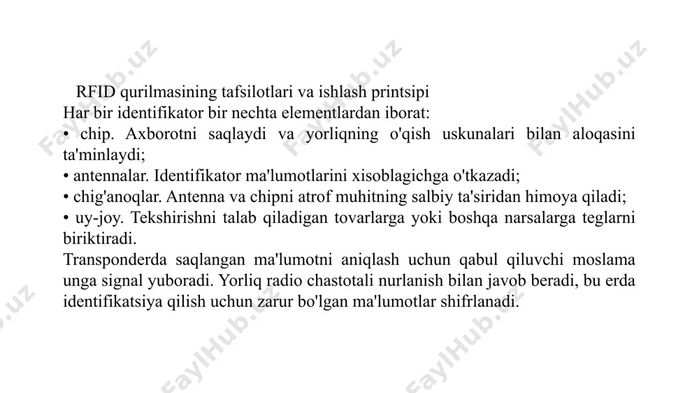 i orqali saqlash va uzatish tizimidir. ushbu ma'lumotni ko'rish uchun radio to'lqin xisoblagichlaridan foydalaniladi. ular signalni odam o'qiydigan shaklga aylantiradi va uni kompyuter yoki boshqa ob'ekt ekranida aks ettiradi. chipda saqlangan ma'lumot aynan signal ekanligini tushunish muhimdir, chunki u grafik ifodaga ega emas. 11.2-rasm. rfid ning amaliy qo’llanilishi ish printsipi ko'pgina rfid teglari o'zlarining elektr ta'minotiga ega emaslar. ular xisoblagichlar yuboradigan to'lqinlarga javoban faollashadi. ya'ni, ularsiz yorliq faol bo'lmagan holatda bo'ladi. xisoblagich unga olib kelinganida, chipdagi maxsus antenna radio to'lqinlarini qabul qiladi va ma'lumot bilan signal yuboradi. uning uzatilishi ham yaqin, ham uzoq masofada amalga oshirilishi mumkin. shu bilan birga, qurilmalar faqat ma'lumot olishlari mumkin, lekin o'zgarmaydi, bu uning yuqori darajada xavfsizligini ta'minlaydi. xisoblagichlar qo'lda, ko'chma va harakatsiz bo'lishi mumkin. qo'llanmalar ma'lumotlar yig'ish terminali bilan birlashtirilgan. ularni olib yurish mumkin, lekin faqat yaqin masofada ishlashlari mumkin. mobil telefonlar transport vositalariga o'rnatiladi va o'qish diapazoni va tezligi katta. mobil xisoblagichlar, qo'lda …