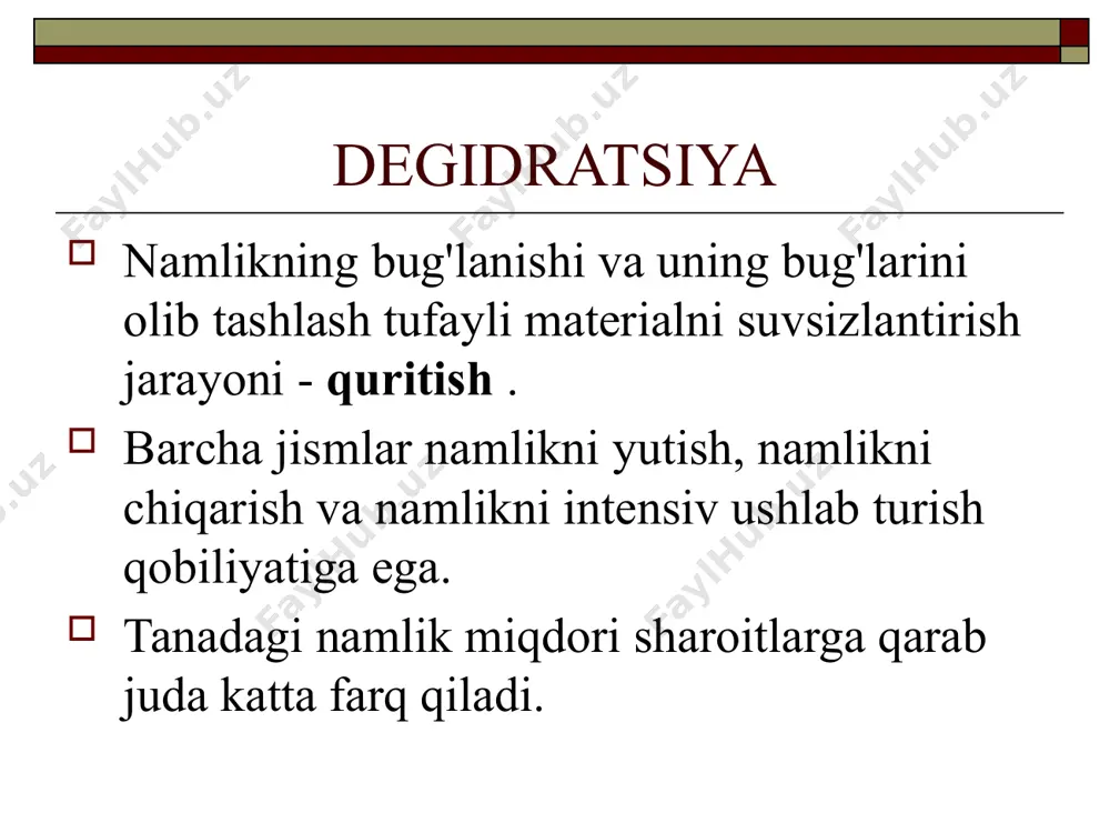 iradi. materialga asosan suyuqlik bilan aloqa qilganda kiradi; bog'lanish energiyasi ahamiyatsiz; suv va materialning xossalari o'zgarmaydi. fizik-mexanik aloqa kapillyar namlik; namlikni namlash; kapillyar namlik kapillyar bosim kuchlari tufayli tananing mikrokapillyarlarini, makro-kapillyarlarini to'ldiradi. mexanik tarzda saqlanadi (devorlar yaqinidagi yupqa qatlam adsorbsiya bilan bog'langan). bug '-havo aralashmasidan va suv bilan bevosita aloqada so'riladi. namlikni namlash tashqi yuzada va makroporlarda topilgan. makrokapillyarlar suv bilan bevosita aloqa qilganda namlik bilan to'ldiriladi. yopishqoqlik bilan tutiladi. suv bilan bevosita aloqa qilganda so'riladi. nam materialning tasnifi kolloid jismlar - ulardan namlikni (jelatin) olib tashlaganidan keyin elastik xususiyatlarni saqlab qoladi, bog'lanishning osmotik shakli ustunlik qiladi; kapillyar-g'ovakli jismlar - namlik olib tashlanganda ular mo'rt bo'ladi (qum, ko'mir), bog'lanishning kapillyar shakli ustunlik qiladi; kapillyar-g'ovak kolloid jismlar - shish va qisqarish jarayonlari (torf, don, teri) bilan tavsiflanadi. muvozanat namligi materialning ma'lum bir t va ph havosi bilan uzoq muddatli aloqasi bilan materialning namligi doimiy bo'ladi - muvozanat. materialning harorati nam havo …
