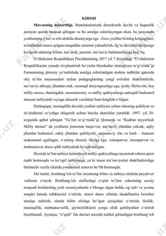 apni barcha qirralari bilan to‘g'ri, o‘rinli ishlata olishni o‘rgatish, o‘z nutqiga nisbatan ehtiyotkorlik tuyg'usini shakllantirish o‘qish mashg'ulotlarining asosiy vazifasi sanaladi. ii – bob. boshlang‘ich sinf o‘qish darslarida sinfdan tashqari o‘qitish 1.1. sinfdan tashqari o‘qishning maqsad va vazifalari maktab o‘quvchini o‘qish malakasi bilan qurollantirish bilan bir qatorda kitobni mustaqil o‘qiy oladigan, uni tushunadigan, ma’lum bir mavzuga oid kitoblarni tanlay oladigan, gazeta va jurnallarni ham mustaqil o‘qiydigan faol kitobxonni tarbiyalaydi. shu jihatdan sinfdan tashqari o‘qish (sinfdan tashqari o‘qitish) tarbiyaning asosiy quroli sifatida xizmat qiladi, ko‘p narsani bilishga havasni orttiradi. sinfdan tashqari o‘qitishning maqsadi o‘qish malakalarini takomillashtirish, kitob tanlay oladigan, muntazam kitob o‘qiydigan, o‘qilgan kitobni to‘g‘ri baholay oladigan ongli kitobxonni tarbiyalashdir. maktablarda 1959 yildan boshlab maxsus sinfdan tashqari o‘qitish darslari tashkil etilgan. bunday darslar 1-2-sinfda haftada 1 marta, 3-4-sinfda 2 haftada 1 marta o‘tkazilib kelindi. hozirgi dasturga ko‘ra, bunday darslar 1-4-sinflarda 2 haftada bir marta o‘tkaziladi. savod o‘rgatish jarayonida esa haftadagi oxirgi alifbe …