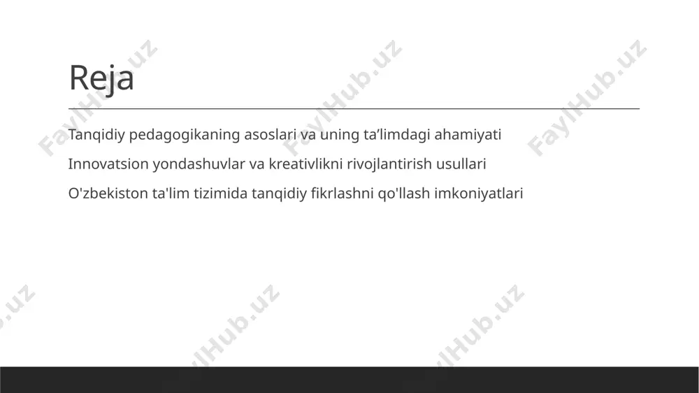 sh va kreativ metodlarni qo'llashga tayyorlash, ta'lim sifatini oshirish va zamonaviy pedagogik standartlarga moslash uchun zarur. 3 texnologiya integratsiyasi raqamli va interaktiv texnologiyalar yordamida ta'lim muhitini boyitish, talabalarga real muammolarni hal qilishda yordam beradigan vositalar taqdim etiladi. 4 amaliyot va hamkorlik o'zbekistonda ta'lim sohasida amaliyot va xalqaro hamkorlikni kengaytirish, tanqidiy fikrlashni rivojlantirish uchun yangi imkoniyatlar yaratadi. tanqidiy pedagogikaning ta'lim sifatini oshirishdagi ahamiyati va ta'siri. innovatsion yondashuvlar tanqidiy pedagogika ta'lim sifatini oshirish uchun innovatsion metodlar va yondashuvlarni joriy etishga yordam beradi, o'quvchilarning fikrlash va muammoni hal qilish ko'nikmalarini rivojlantiradi. fikrlash qobiliyatlari bu pedagogika shakllantiradigan kritik fikrlash va analitik qobiliyatlar nafaqat bilimlarni mustahkamlaydi, balki muhim qarorlar qabul qilishda asos bo'ladi. motivatsiya va ishtiyoq tanqidiy yondashuvlar talabalarni ta'lim jarayoniga faol qatnashishga va mustaqil fikrlashga rag'batlantiradi, bu esa o'qitish samaradorligini oshiradi. sifat va natijalar bu pedagogika ta'lim sifatini oshiradi, o'quvchilarning umumiy bilim darajasini va amaliy ko'nikmalarini kengaytiradi, muhim natijalarni ta'minlaydi. kritikal fikrlash va ijodkorlikni …