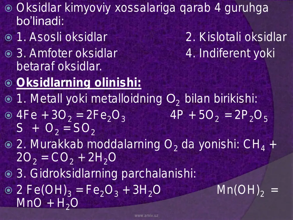 eritib:  н2 + сi2 = 2hci f2 + h2 = 2hf  tuzlarga boshqa kislotalarni ta`sir etirib:  naci + h2so4 = nahso4 + hci↑ kno3 + h2so4 = khso4 + hno3 www.arxiv.uz  kislotalarning fizikaviy xossalari: oddiy sharoitda suyuq (hci, h2so4, hno3) va qattiq (h3bo3, h2c2o4) holda bo’ladi. kislotalar suvda yaxshi eriydi. eritmasi terini kuydiradi va nordon mazaga ega bo’ladi.  kimyoviy xossalari:  neytrallanish reaksiyasi: naoh + hci = naci + h2o  metallar bilan ta’siri: mg + 2hci = mgci2 + h2 ↑  asosli oksidlar bilan reaksiyaga kirishib tuz hosil qiladi:  cuo + 2hno3 = cu(no3)2 + h2o  tuzlar bilan ta’siri: baci2 + h2so4 =↓baso4 + 2hci  qizdirganda parchalanishi: h2so4 h2o + so3  6. ko’k lakmusni qizartiradi, metiloranjni rangsizlantiradi. www.arxiv.uz  3. asoslar  molekulasida metall atomi va bir yoki bir nechta gidroksil (oh) guruhi bo’lgan murakkab moddalarga asoslar deyiladi.  …