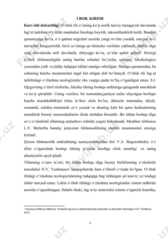 leksik-semantik xususiyatlariga e’tibor qaratdik. kurs ishining nazariy va amaliy ahamiyati. mazkur kurs ishi materiallaridan qo‘llanma va lug`atlar yaratishda, oliy o‘quv yurtlari, akademik litsey va kasb-hunar kollejlarida maxsus kurs va seminar mashg`ulotlarida foydalanish mumkin. kurs ishining metodologik asosi. dialektika va uning amaldagi qonun-qoidalari sanaladi. o‘zlashma neologizmlarni tavsiflashda sistem-struktur tahlil metodi bilan bir qatorda, ma’noviy-komponent, nominativ-onomosiologik, funksional-semantik kabi tahlil usullaridan ham foydalanildi. o‘zbek tilshunosligida professor sh.u.rahmatullayev, f.abdullayev, a.p.hojiyev, i.qo‘chqortoyev, m.mirtojiyev, a.nurmonov, n.mahmudov, a.berdialiyev, h.g.ne’matov, r.rasulov kabi olimlar tomonidan qo‘llangan yo‘l va usullar ishimiz uchun muhim yo‘llanma vazifasini o‘tadi. kurs ishining tuzilishi. mazkur, kurs ishi kirish,bir bob, xulosa, foydalanilgan adabiyotlar ro‘yxatidan iborat. o‘zbek tili qanchalar boy til. undagi latiflik, joziba, o‘ziga xoslik tufayli durdona asarlar yaratilgan. til — millat kaliti. zero xalq qalbiga yo‘l uning ona tilini bilish, madaniyati va an’analarini hurmat qilishdan boshlanadi. qadim bu ona zaminimiz ne kunlarni boshidan kechirmadi. qonli urushlar, hisobsiz jang-u jadallar. lekin shunda ham matonatli o‘zbek xalqi …
