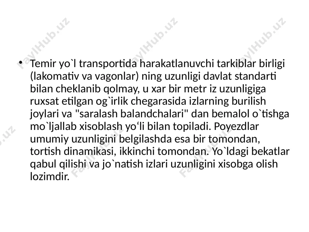 k tonnajli butun vagon guruxli yoki yo‘nalishli jo`natishlarga bo`linadi. miqdori 10 tonnadan kam yoki to`rt o`qli vagonlar ichki xajmining uchdan bir qismidan ozroq joyini egallovchi yuklar mayda guruxli yuklarga kiradi. miqdori 10 tonnadan 20 tonnagacha yoki to`rt o`qli vagonlar ichki xajmining yarmigacha joylashuvchi yuklar kichik tonnajli yuklarga kiradi. butun vagon ichki xajmini egallovchi yuklar aloxida yuklar miqdori bo‘yicha ikki va undan ortiq vagonlarda tashilsa butun vagon guruxli yuklarga kiradi temir yo`l transporti uzining universalligi, katta xajmdagi yuklarni tashish qobiliyatiga egaligi, ob-havo injiqliklariga bog`liq ekanligi va manyovrchanligi bilan boshqa transport turlaridan keskin ajralib turadi. mdh da umumfoydalanadigan temir yo`l magistral tarmoqlari 1980 yilda 14118 km ni tashkil etadi. bundan tashqari, sanoat korxonalarini magistral temir yo`llar bilan bog`laydigan 141 ming km shoxobcha yo‘llar mavjuddir. mdh temir yo`llari uzunligi bo‘yicha jaxonda akshdan keyingi o‘rinda edi. yuk aylanishi bo‘yicha esa birinchi o‘rinda (3439,5 mlyard) bo‘lib, jaxon temir yo`l yuk aylanishini yarmidan ko`pini tashkil etadi. …