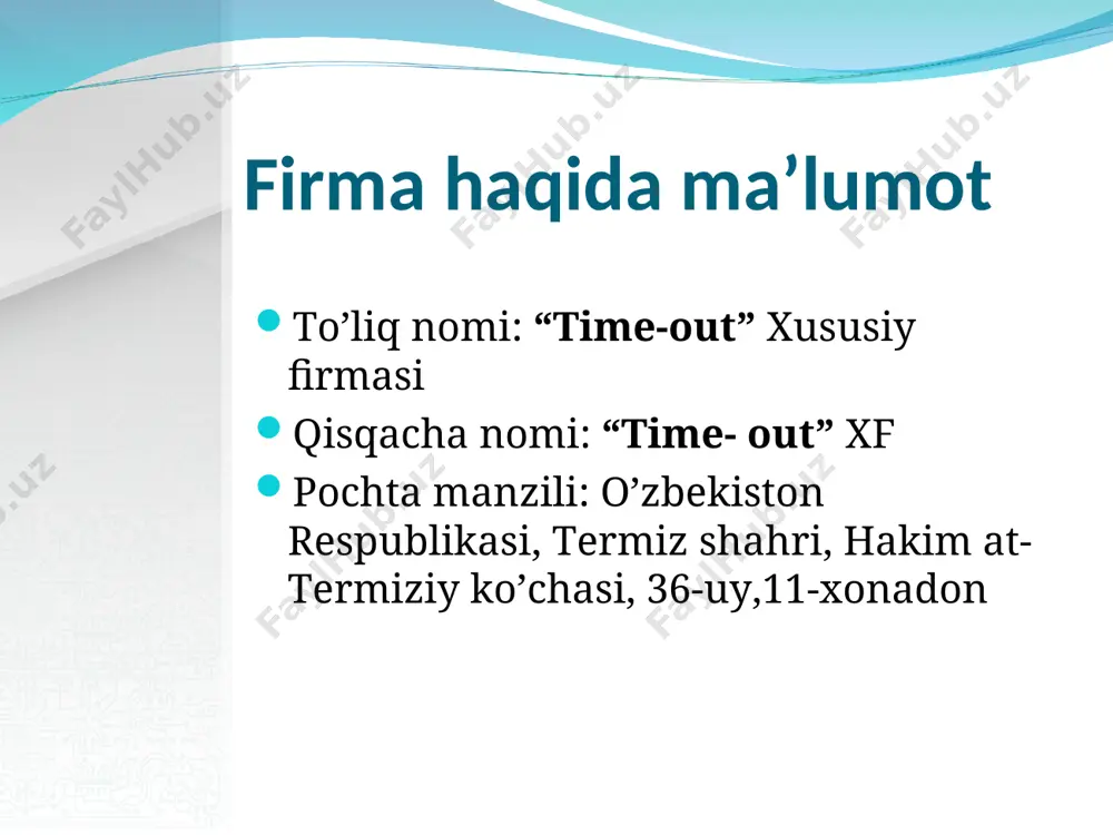 0 1 223 000 12 230 000 stollar 10 80 000 800 000 stullar 10 40 000 4 000 000 skaner 1 110 000 110 000 printer 1 160 000 160 000 jami asosiy fondlar - - 17300 000 transport harajatlari - - 200 000 o’rnatish va xodimlarni o’qitish harajatlari - - 100 000 jami - 18 000 000 raqobatchilar ishini tahlil qilish natijasida 1 ta kompyuter kuniga o’rtacha 10 soat (10 ta kompyuter -100 soat) ishlashi, kuniga 50 bet chop ettilishi vа 20 bet matn skaner yordamida ishlov berilishi hisob-kitob qilingan. xizmat turi bir yilda ko’rsatiladigan hizmat xajmi 2014 y. 2015 й. kompyuterda 1 soat ishlash 22 500 30 000 1 ta bet chop ettirish 11 250 15 000 1 bet skaner bilan ishlov berish 4 500 6 000 xizmat ko’rsatuvchi xodimlarning shtatlar ro’yxati shtatlar ro’yxatiga аsosan xodimlar toifasi bo’yicha oylik ish xaqi fondi belgilanadi. lavozimi vazifasi kishilar soni …