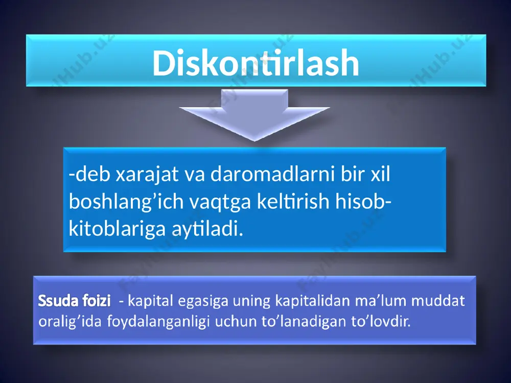 u savolga javob - foiz stavkasiga bog’liqdir. agar muddat bir yilga teng bo’lsa, pdv= 1 (1+i) agar muddat n yilga teng bo’lsa, ga teng bo’ladi. pdv= 1 (1+i) n (1+0,2) = 0,83333333 tiyinga teng bo’ladi (1+i) qiymatni diskontirlash 1 dollarning diskontirlangan (keltirilgan) qiymati foiz stavkasi yillar 1 5 10 20 0,01 0,990 0,951 0,905 0,820 0,05 0,952 0,784 0,614 0,377 0,10 0,909 0,621 0,386 0,149 0,15 0,870 0,497 0,247 0,061 0,20 0,833 0,402 0,162 0,026 faraz qilaylik bizda ikki xil daromad bor. birinchisi “a” deb belgilasak, ikkinchi daromadni “v” deylik. “a” daromad 400000so’m ga teng bo’lib, uning 200000so’ hozir to’lanadi, qolgan 200000so’mi bir yildan keyin to’lanadi. “v” daromad 440000 so’m bo’lib, uning 40000 so’mi bugun to’lanadi, 200000 so’mi bir yildan keyin, qolgan 200000 so’mi ikki yildan keyin to’lanadi. savol: ushbu ikki variantdan qaysi biri foydaliroq hisoblanadi ? daromadlar turi yillar bo’yicha keltirilgan daromad joriy yil 1-yil 2-yil a 200000 200000 …