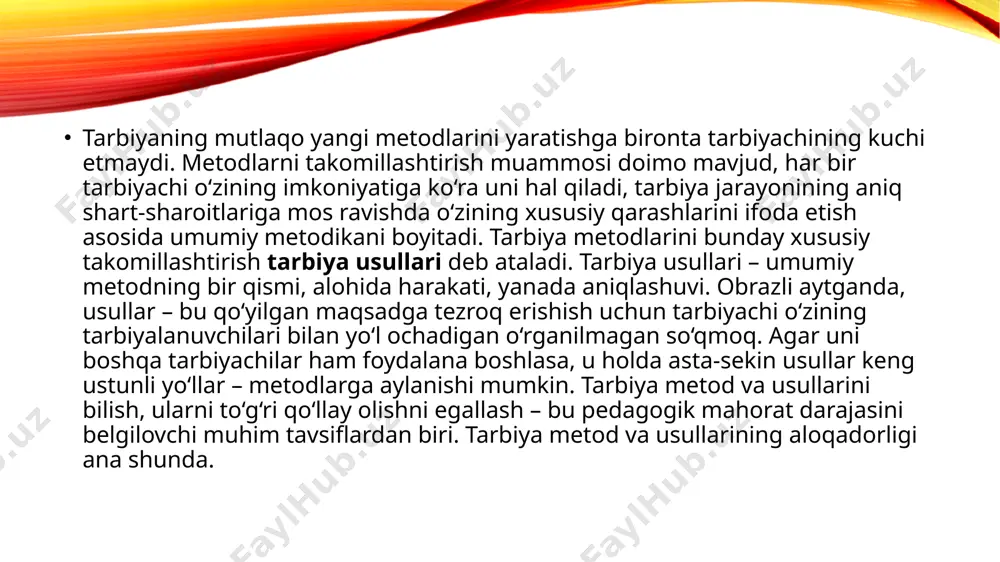 qilishga, tasavvur, tushuncha, g‘oyalarni shakllantirishga ta’sir etuvchi. 2. xulq-atvorning u yoki bu turini aniqlaydigan odatlarni hosil qilishga ta’sir etuvchi. 3. pedagogik rag’batlantirish va xulq-atvorni tuzatish metodlari. shaxs ongini shaklantiruvchi metodlar bu guruhga o’quvchilarda ilmiy dunyoqarash, e’tiqodni, ma’naviy va siyosiy g’oyalarni shakllantirish maqsadida ularni ongi, hislari va irodasiga ta’sir ko’rsatish metodlari kiradi. bu guruh metodlarining mohiyati shundaki, ular orqali jamiyat o’quvchilar ongiga qanday talablar qo’yayotgani yetkaziladi. yoshlarning dunyoqarashlarini shakllantirish, hayot mazmunini tushunib olishlariga ko’maklashish maqsadida ijtimoiy ongni shakllantiruvchi metodlar ishlatiladi. o’quvchilarda siyosiy onglilik va ijtimoiy faollik, ya’ni davlatni ichki va xalqaro siyosatini tushunish va idrok qilishni tarbiyalash lozim. tushuntirish bu ijtimoiy ongni shakllantirishda eng ko’p ishlatiladigan metoddir. tushuntirishda o’quvchilarga mamlakatimiz fuqarosining o’z davlatiga nisbatan huquqlar va burchlar bilan bog’langanligi, u yashash va axloq me’yorlariga ongli rioya qilishi, mehnat va jamoada faollikni, ma’naviy yetuklik haqida axborot beriladi. bunda davlat bayrog’i, gerbi, madhiyasi, konstitusiyasiga sadoqat ruhida tarbiya berishning ahamiyati katta. shu sababli o’quvchilarga …
